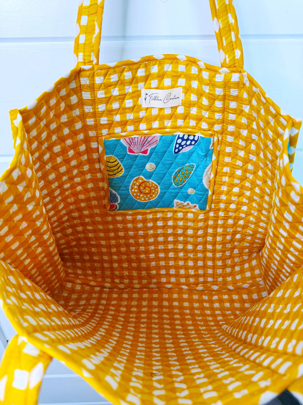 Quilted Tote Bag | Aqua Seashell | Large Shopping Tote Bag