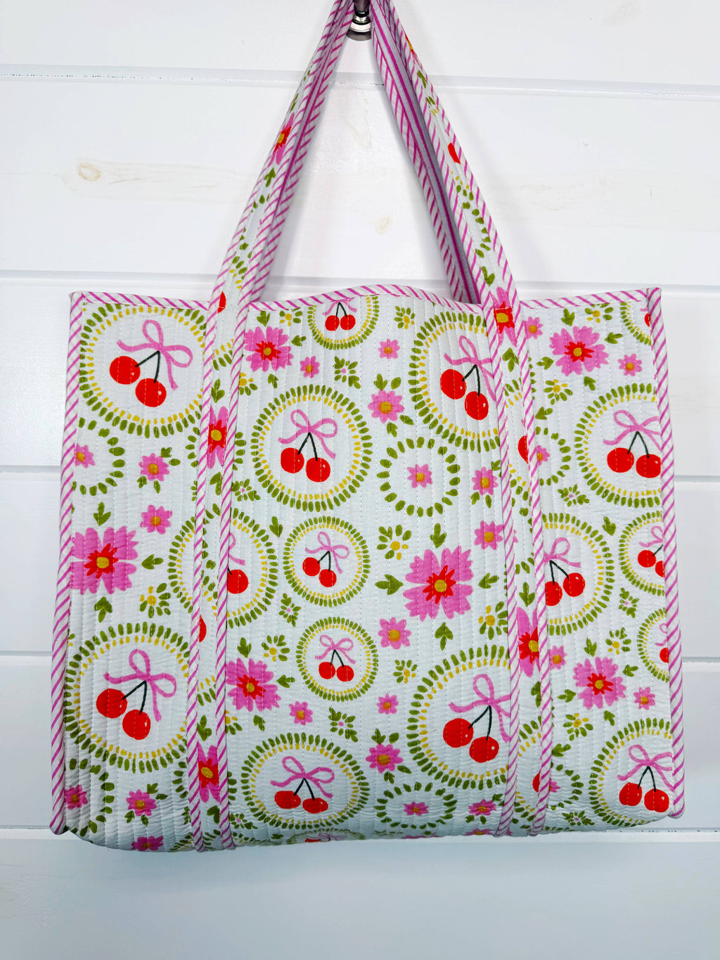 Large Tote Bags | Quilted Travel Tote | White Cherry & Bows