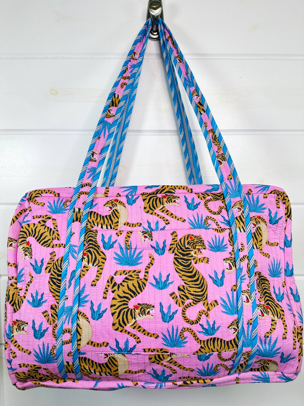 Quilted Overnight Bag | Large Size | Pink Blue Tiger Print