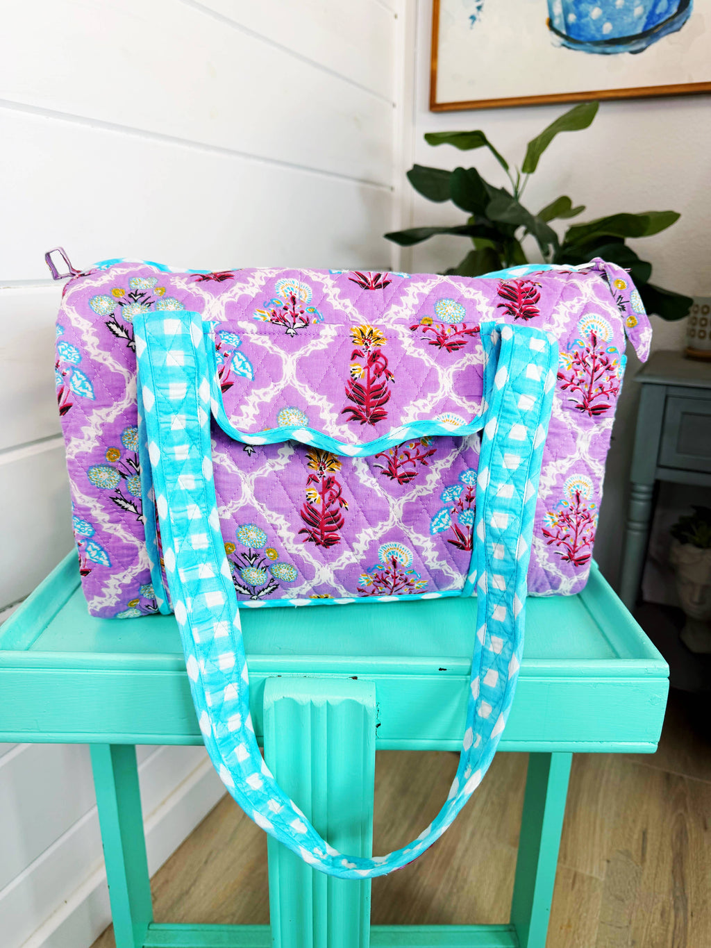 Quilted Mini Duffle Bag | Overnight Bag | Purple Wildflowers