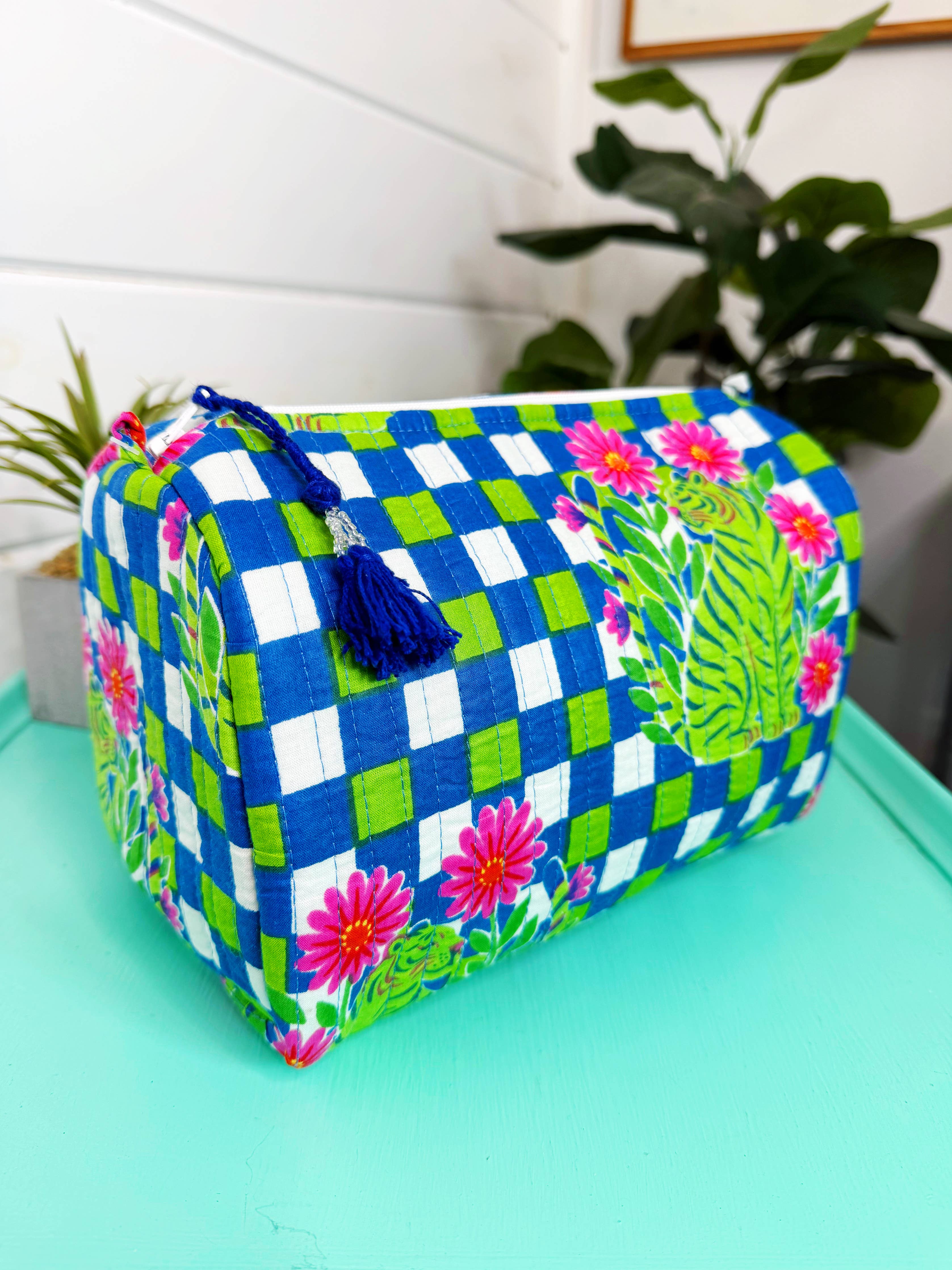 Quilted Makeup Bags | Cosmetics Bag | Blue Checkered Tiger