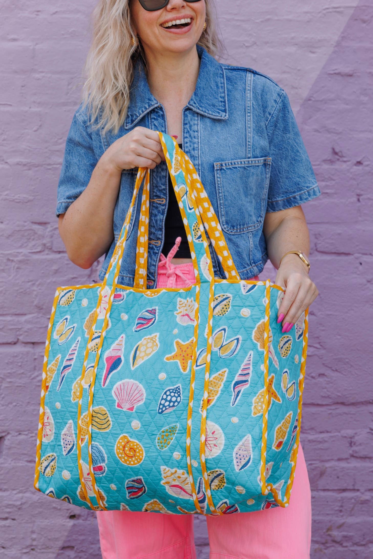 Quilted Tote Bag | Aqua Seashell | Large Shopping Tote Bag