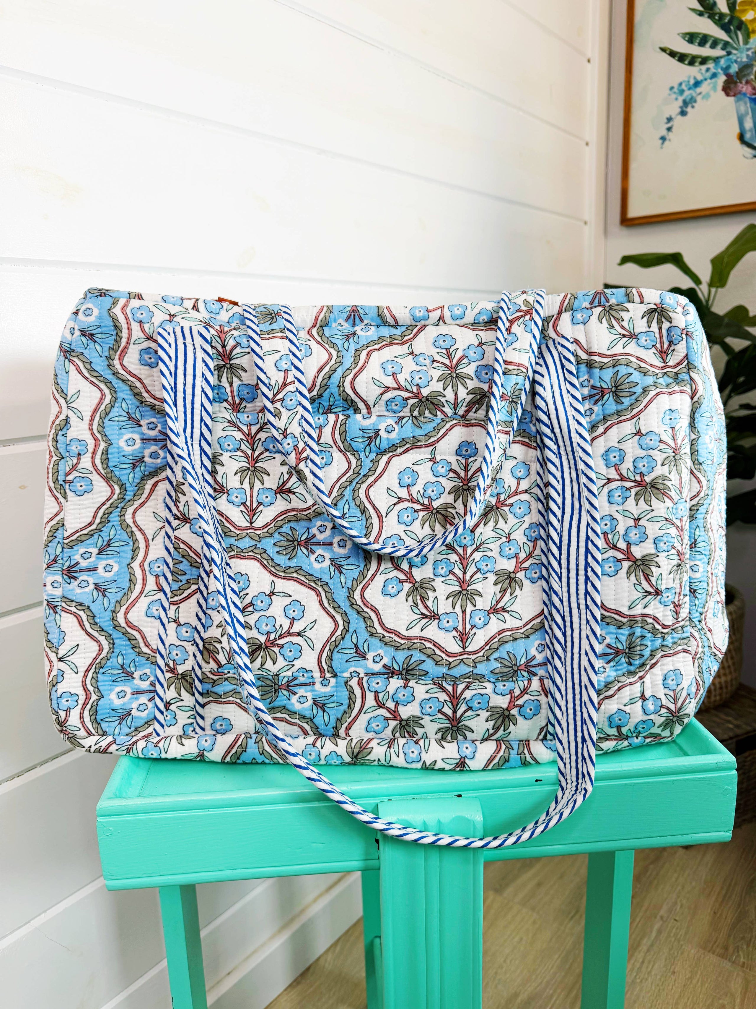 Quilted Weekender Duffle Bag | Blue Petals Floral Print