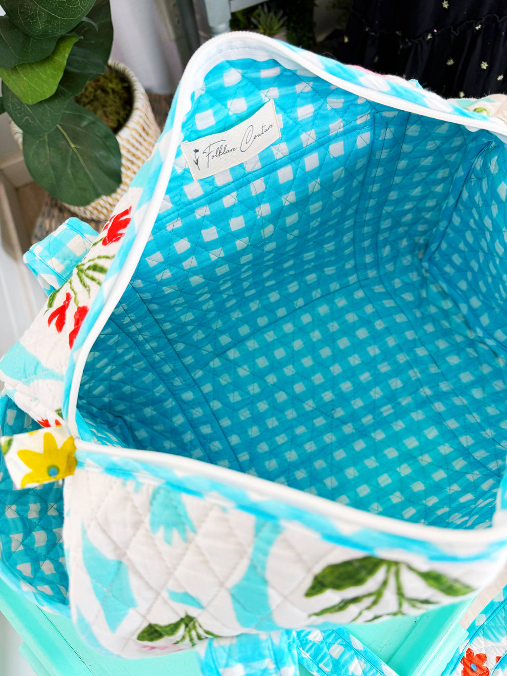 Quilted Mini Duffle Bag | Aqua Garden Party | Overnight Bag
