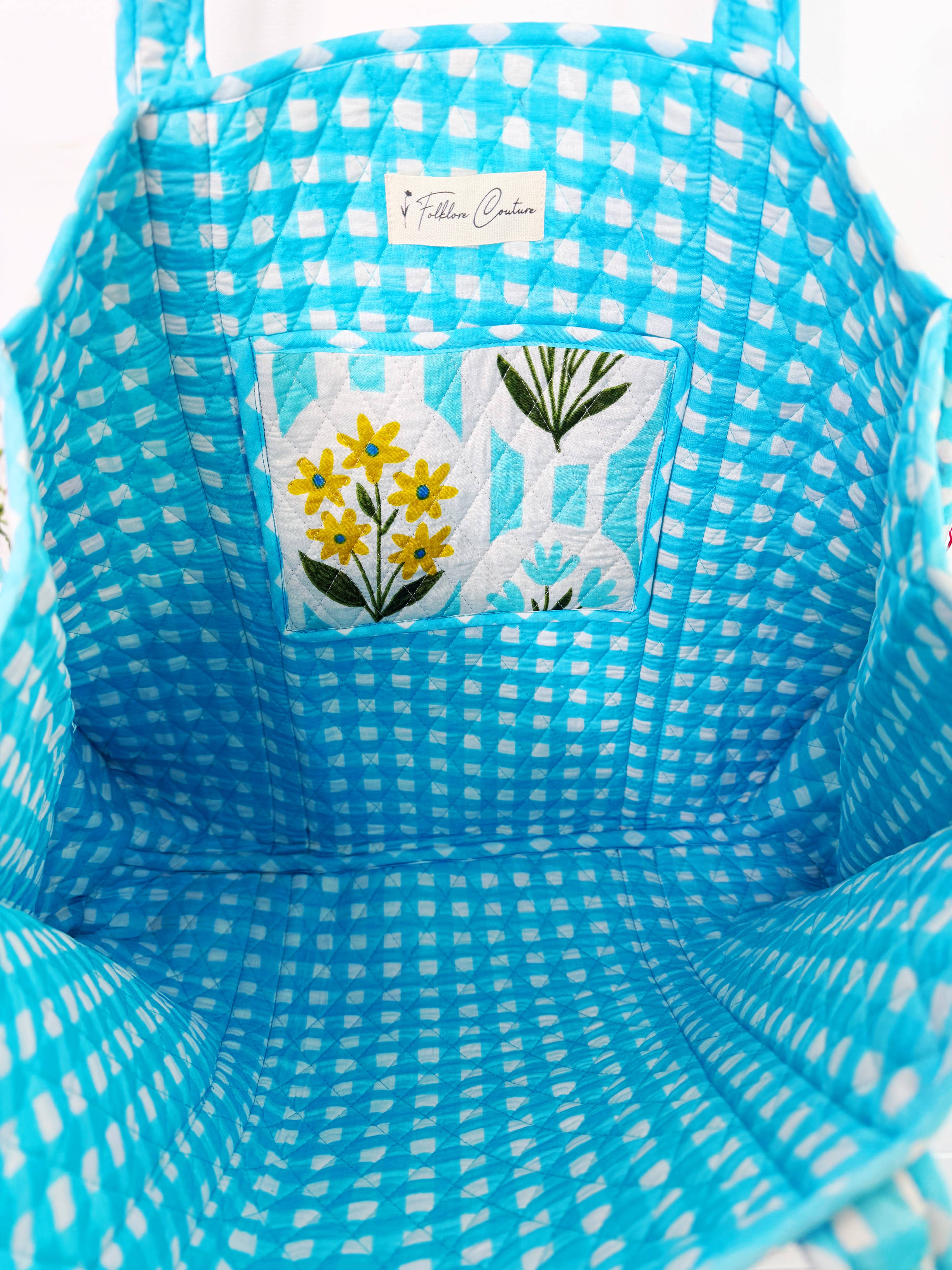 Tote Bags Quilted | Large Travel Tote | Aqua Garden Party