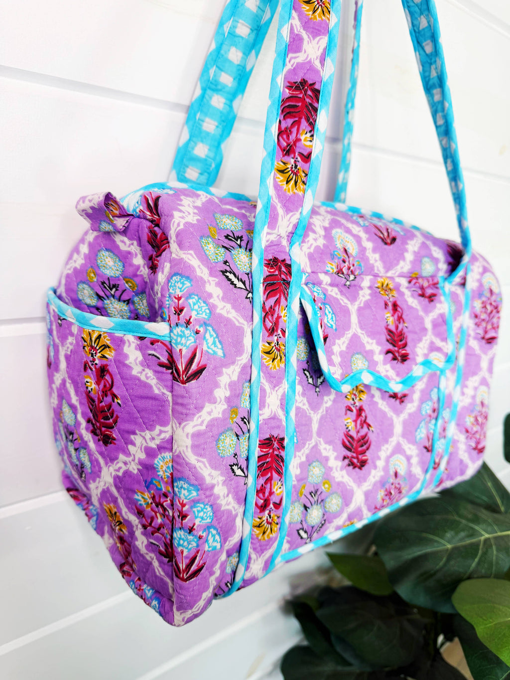 Quilted Mini Duffle Bag | Overnight Bag | Purple Wildflowers