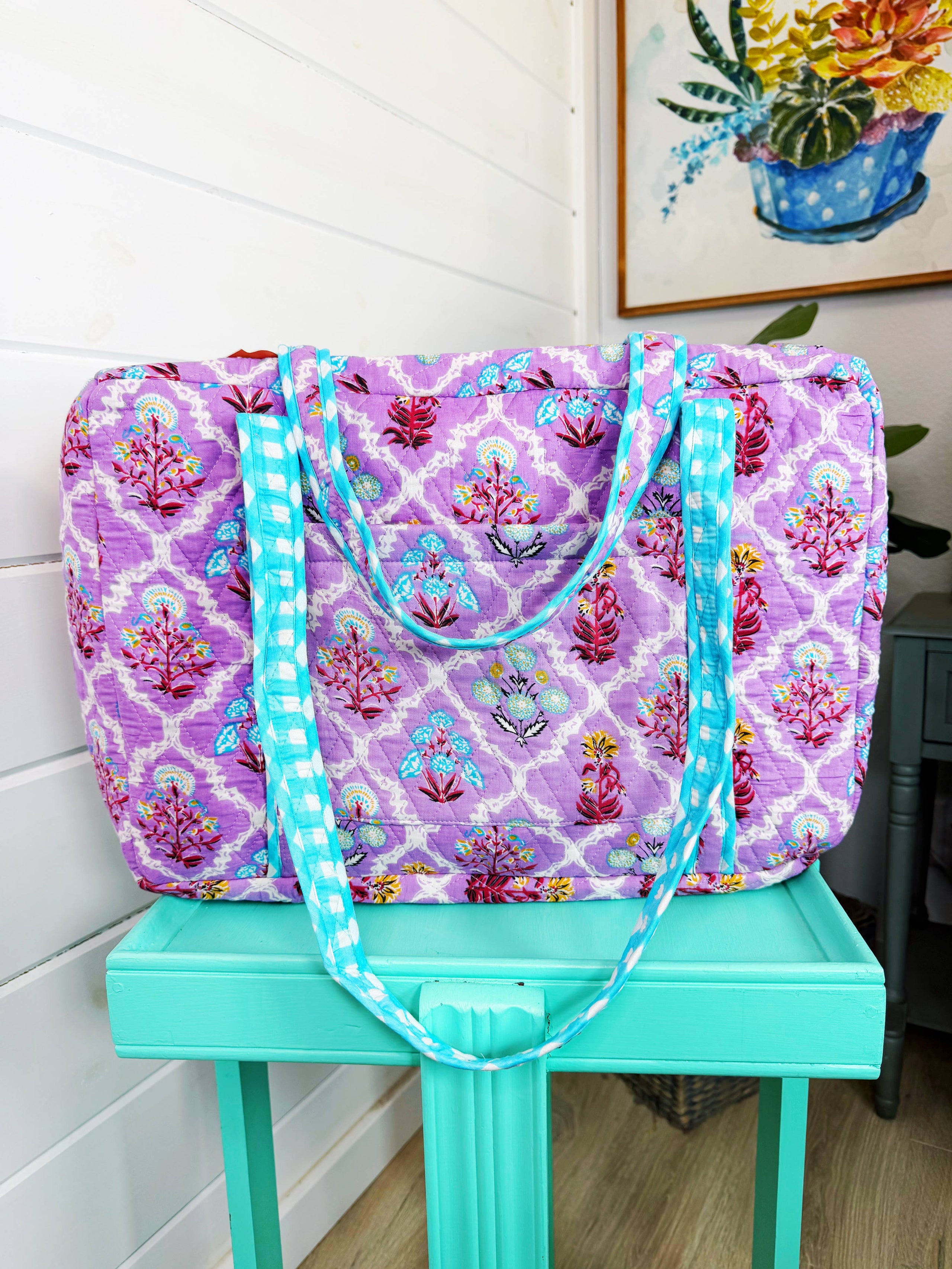 Quilted Duffle Bags | Weekender Bag | Purple Wildflowers