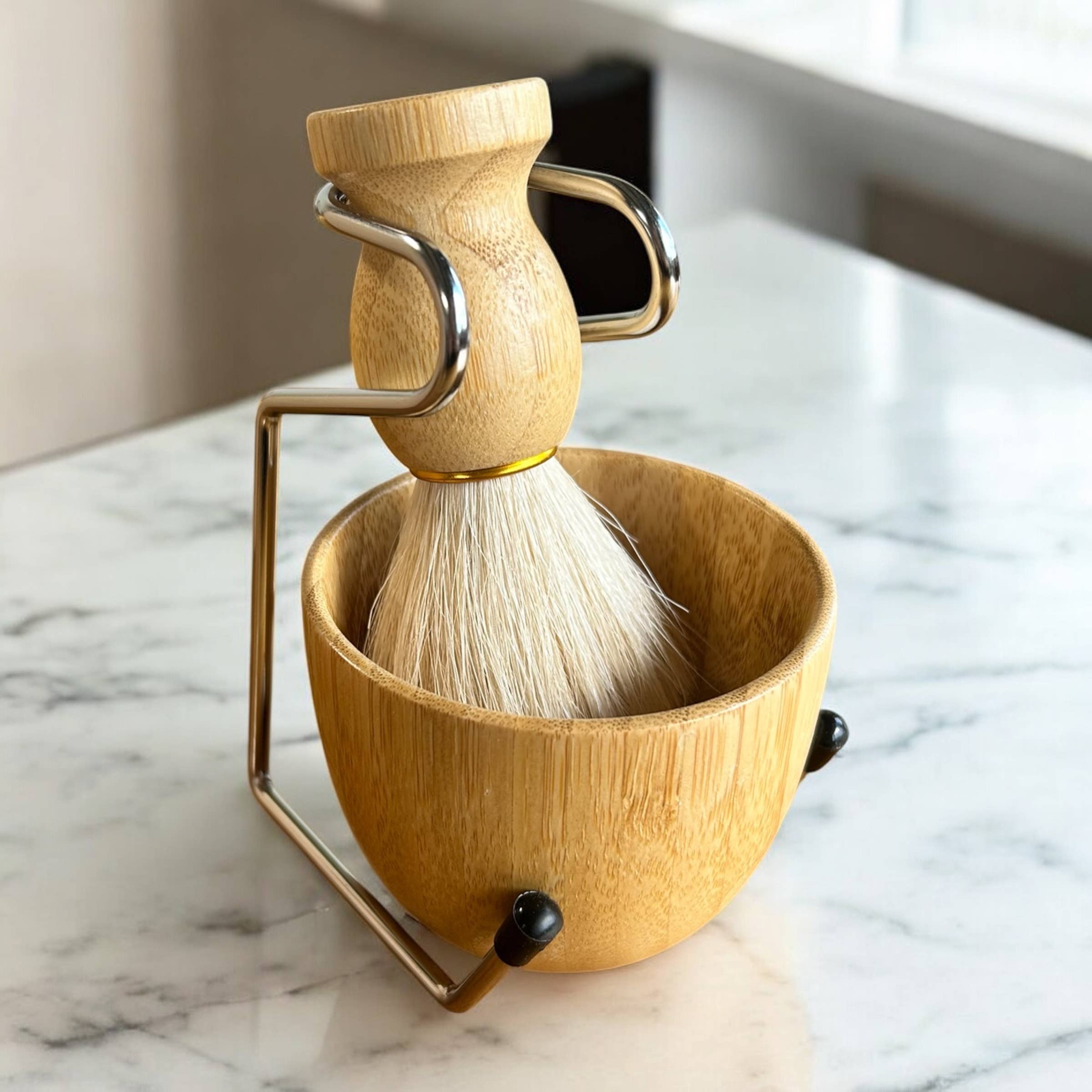 Natural Shaving Brush and Stand 3-in-1 Set |