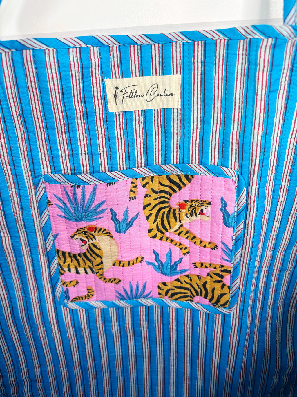 Quilted Tote Bag | Large Travel Bag | Pink Blue Tiger Print