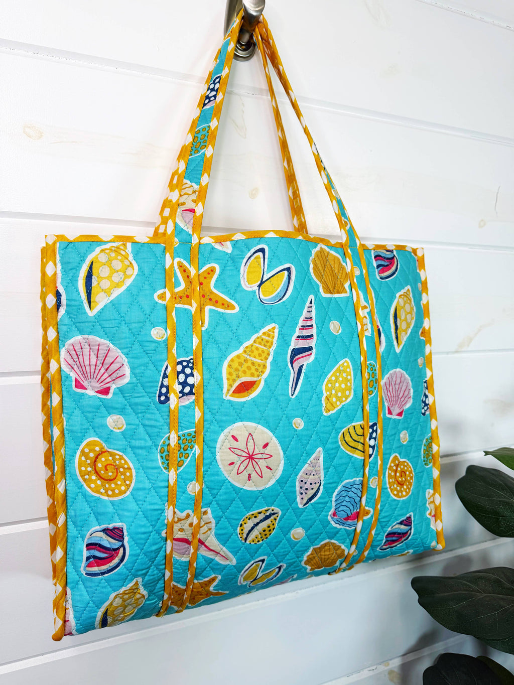 Quilted Tote Bag | Aqua Seashell | Large Shopping Tote Bag