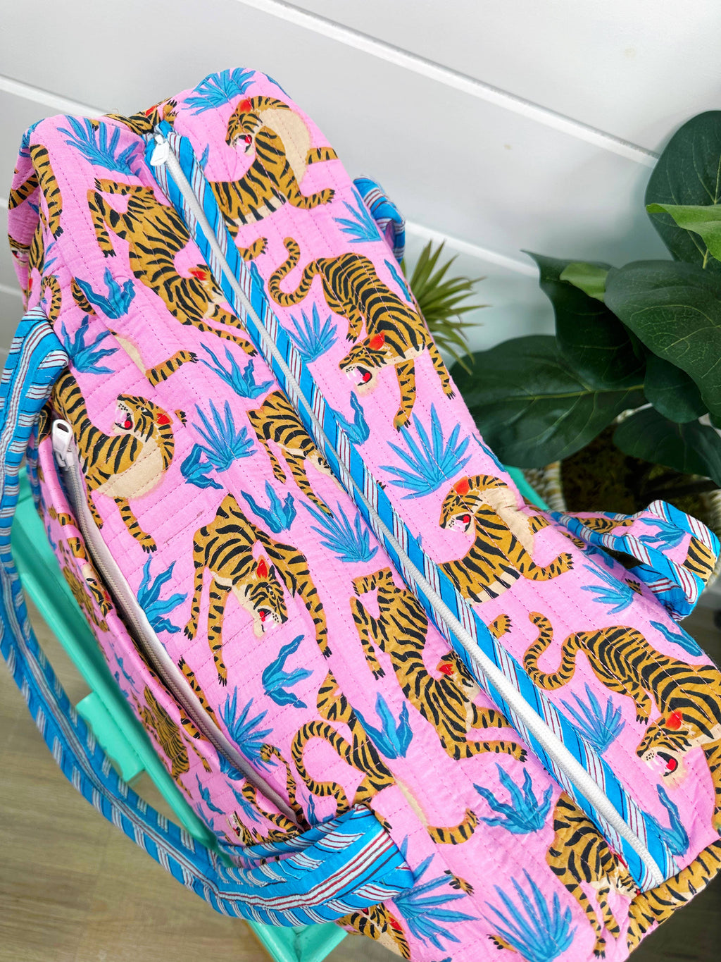 Quilted Overnight Bag | Large Size | Pink Blue Tiger Print
