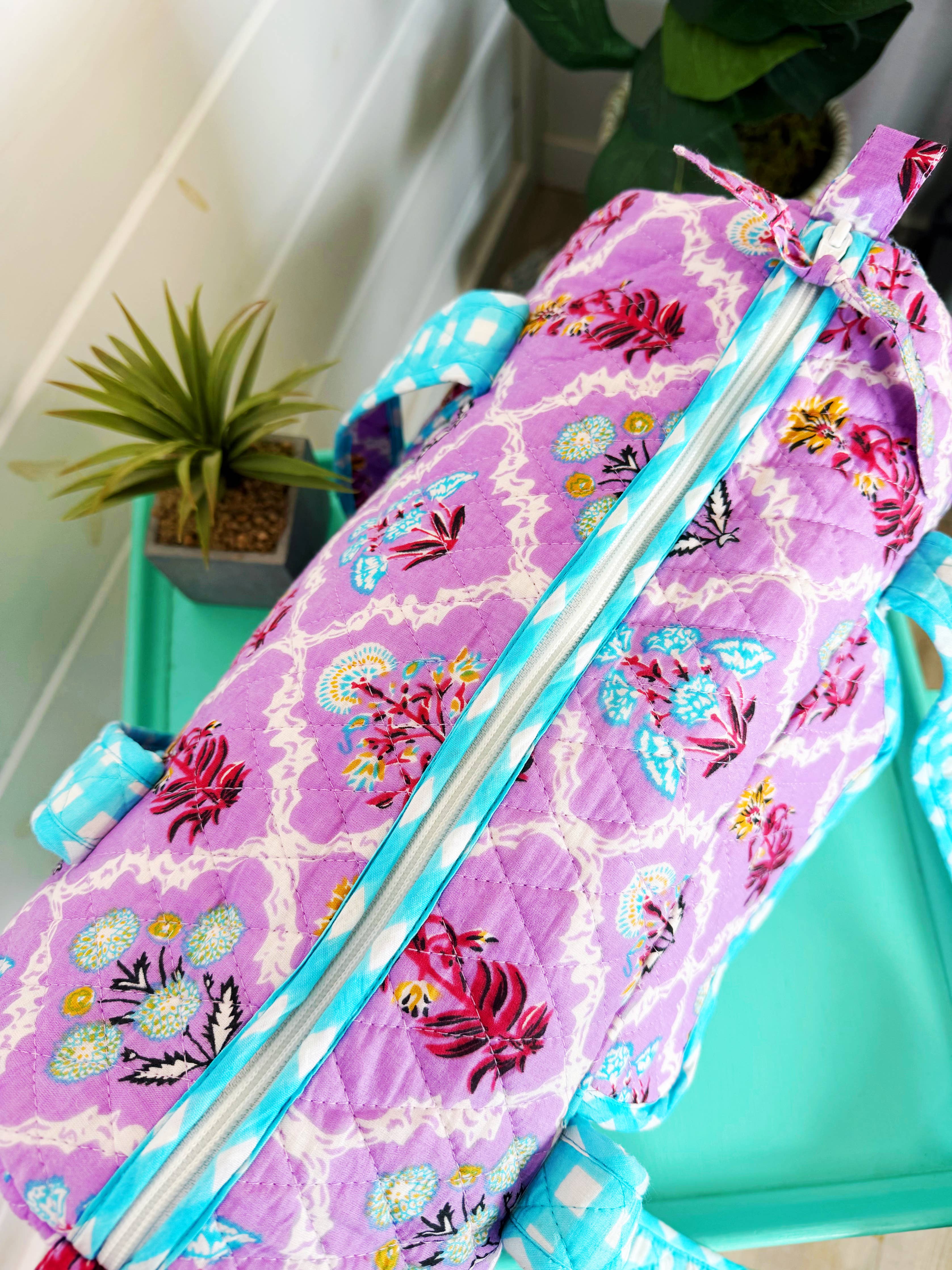 Quilted Mini Duffle Bag | Overnight Bag | Purple Wildflowers