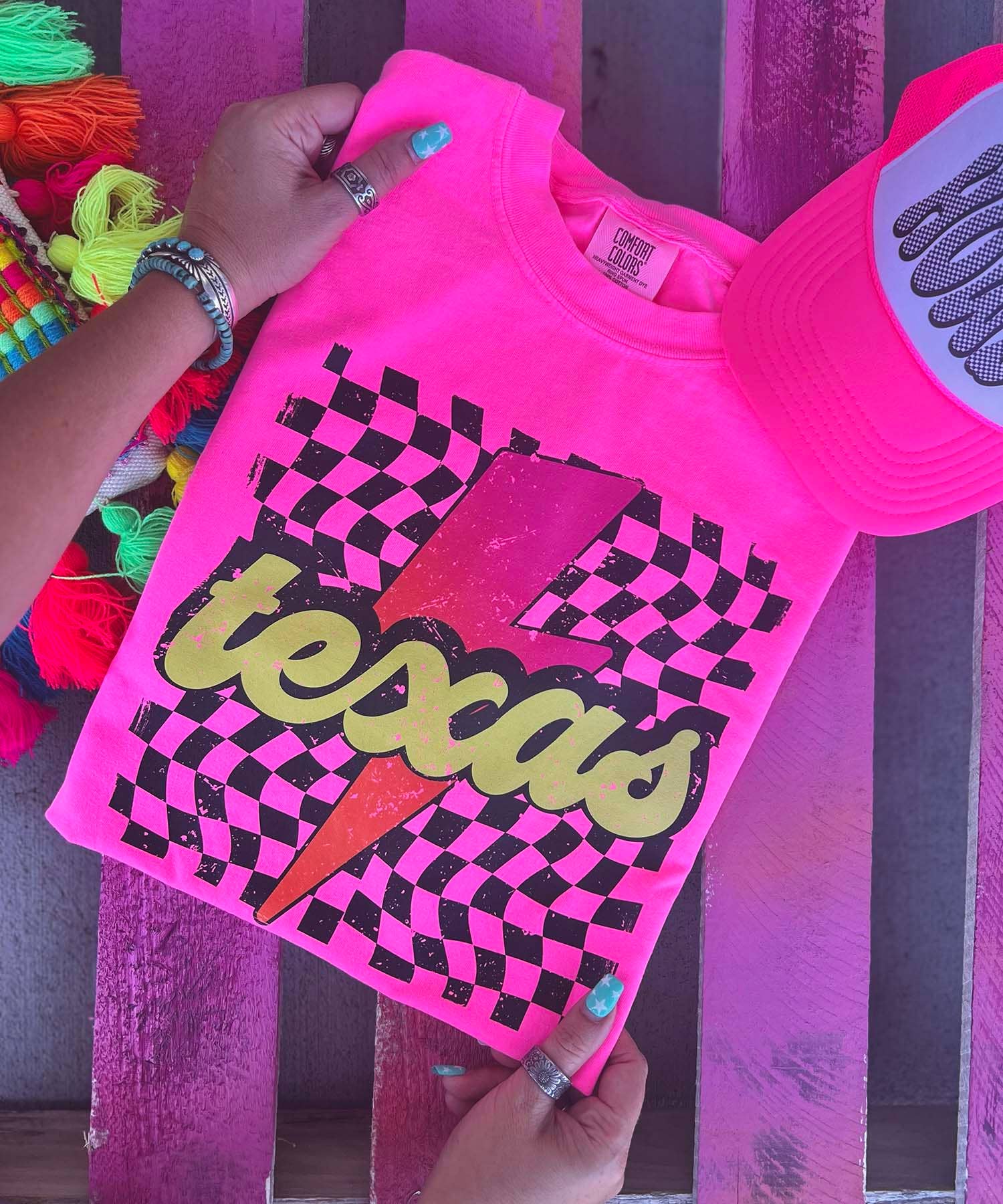 Checkered Texas with Lightening Bolt Neon Pink Comfort Color