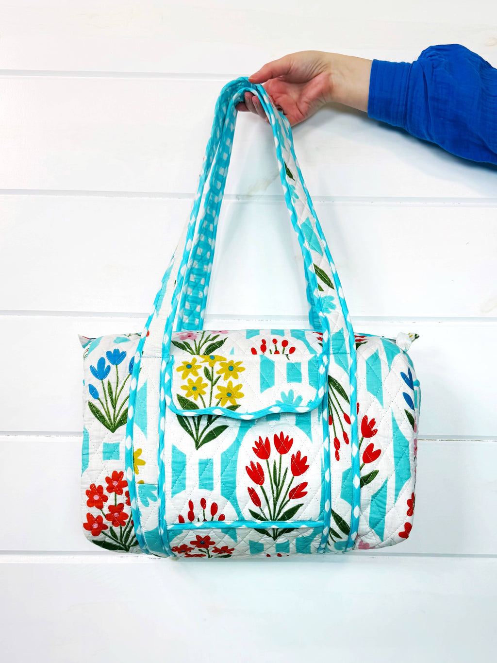 Quilted Mini Duffle Bag | Aqua Garden Party | Overnight Bag