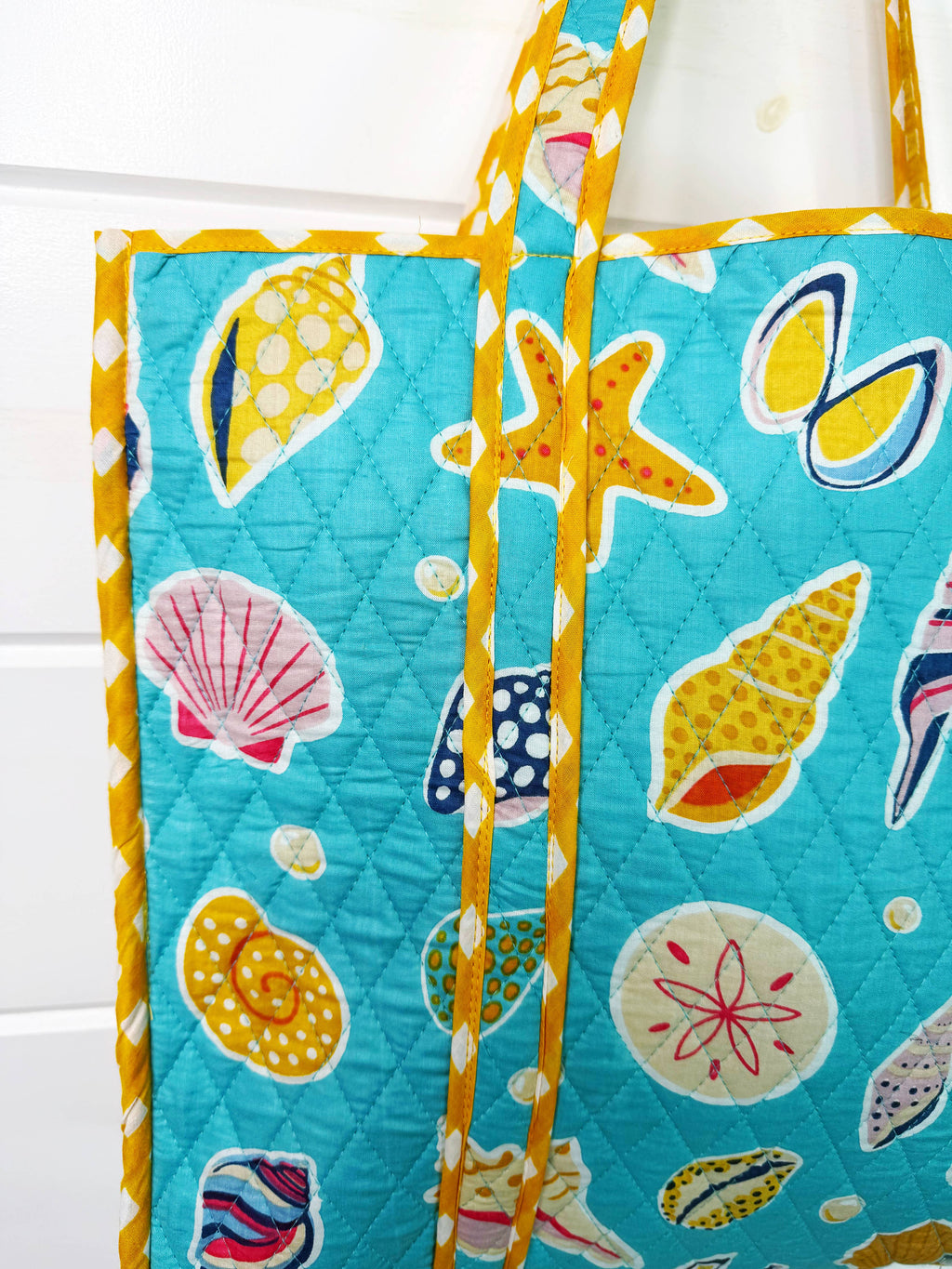 Quilted Tote Bag | Aqua Seashell | Large Shopping Tote Bag