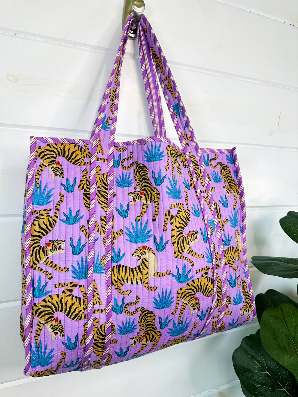 Large Tote Bags | Quilted Tote | Purple Tiger Print