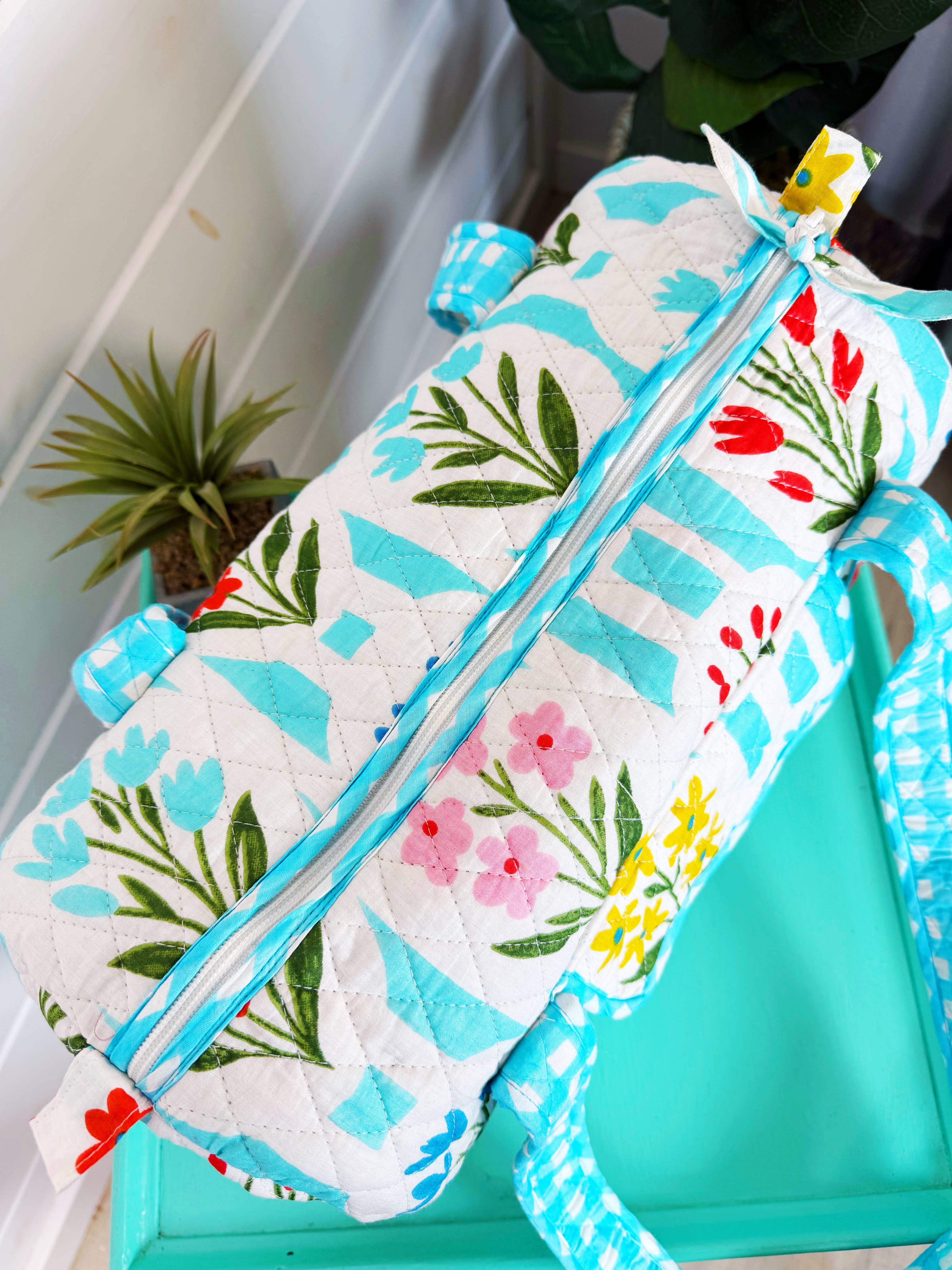 Quilted Mini Duffle Bag | Aqua Garden Party | Overnight Bag
