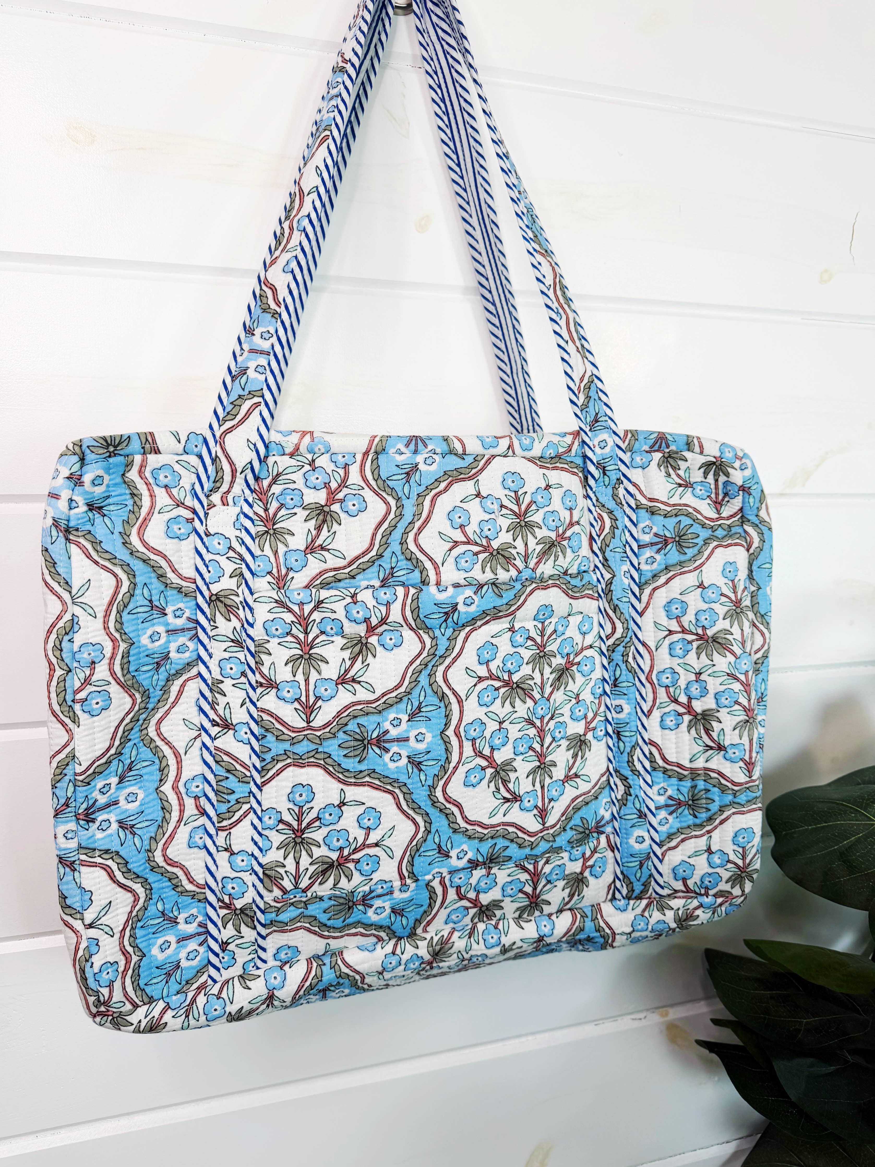Quilted Weekender Duffle Bag | Blue Petals Floral Print