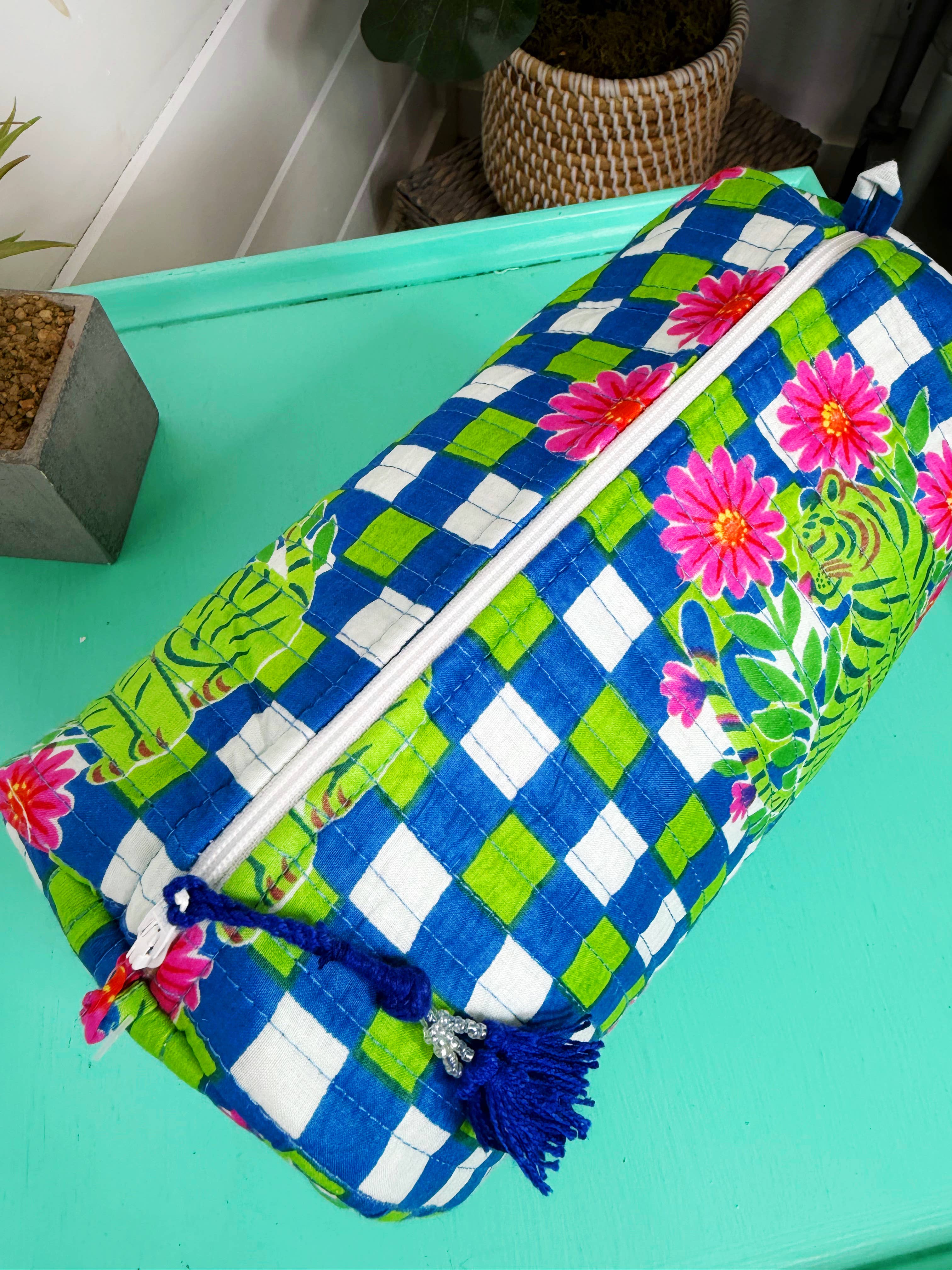 Quilted Makeup Bags | Cosmetics Bag | Blue Checkered Tiger