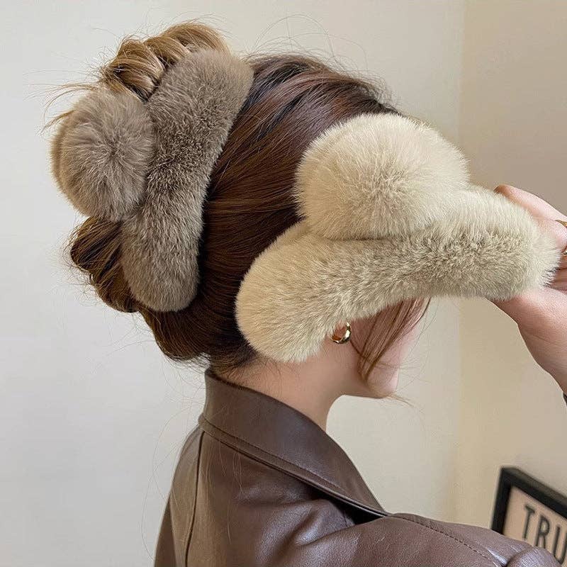 Furry plush hair claw clip for women