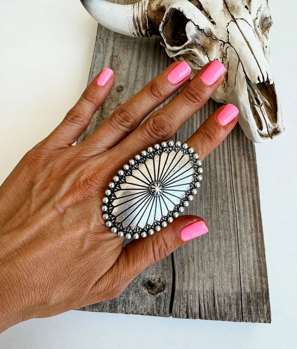 Western Large Concho Stone Cuff Ring 