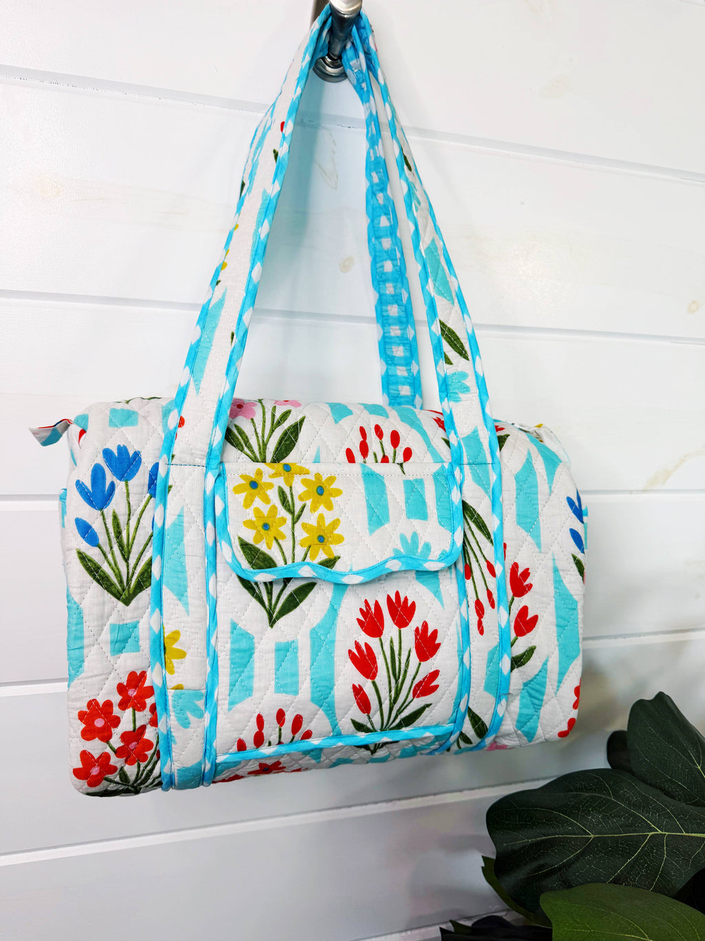 Quilted Mini Duffle Bag | Aqua Garden Party | Overnight Bag