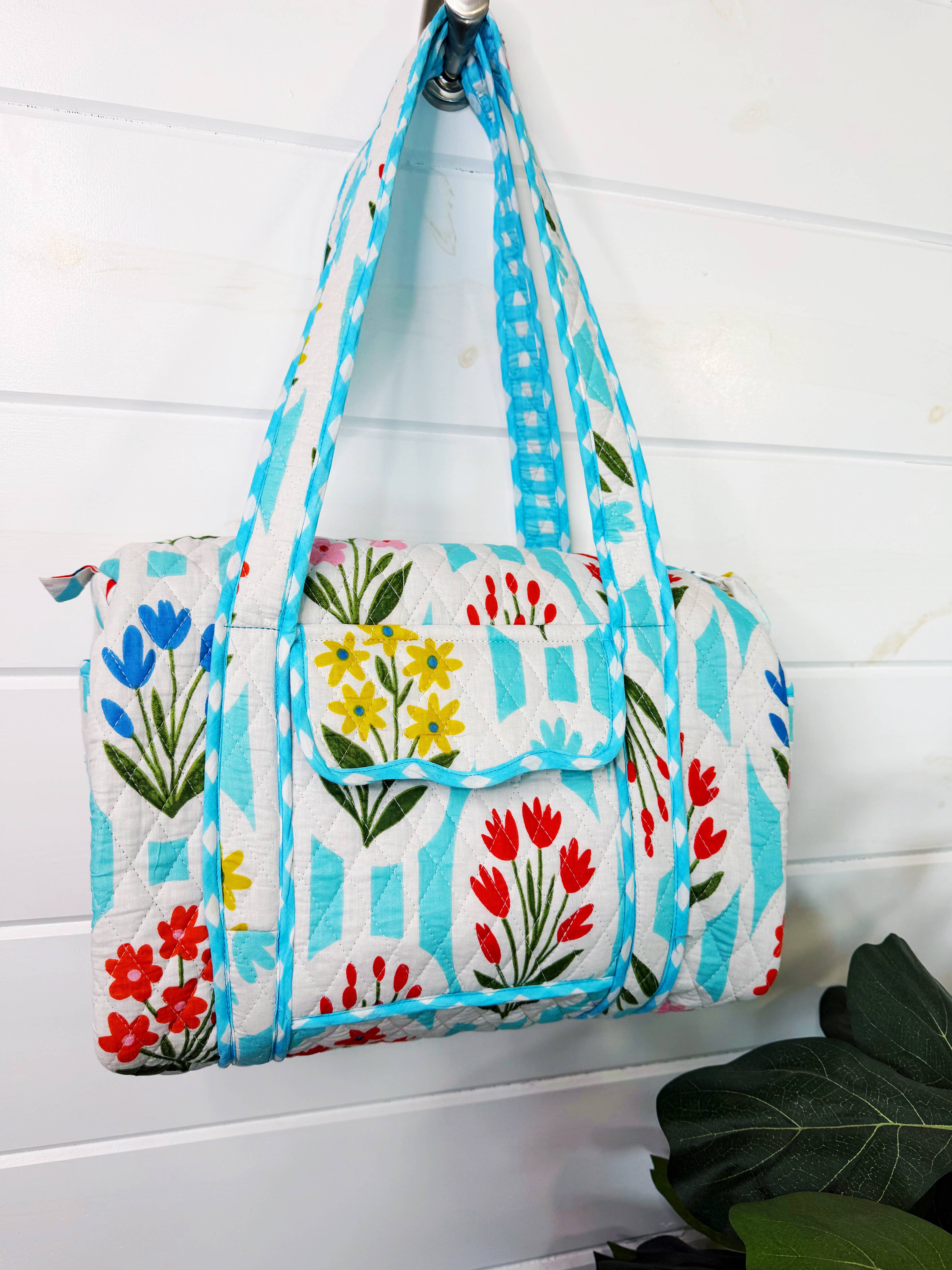 Quilted Mini Duffle Bag | Aqua Garden Party | Overnight Bag