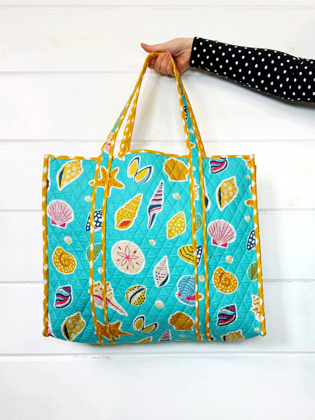 Quilted Tote Bag | Aqua Seashell | Large Shopping Tote Bag