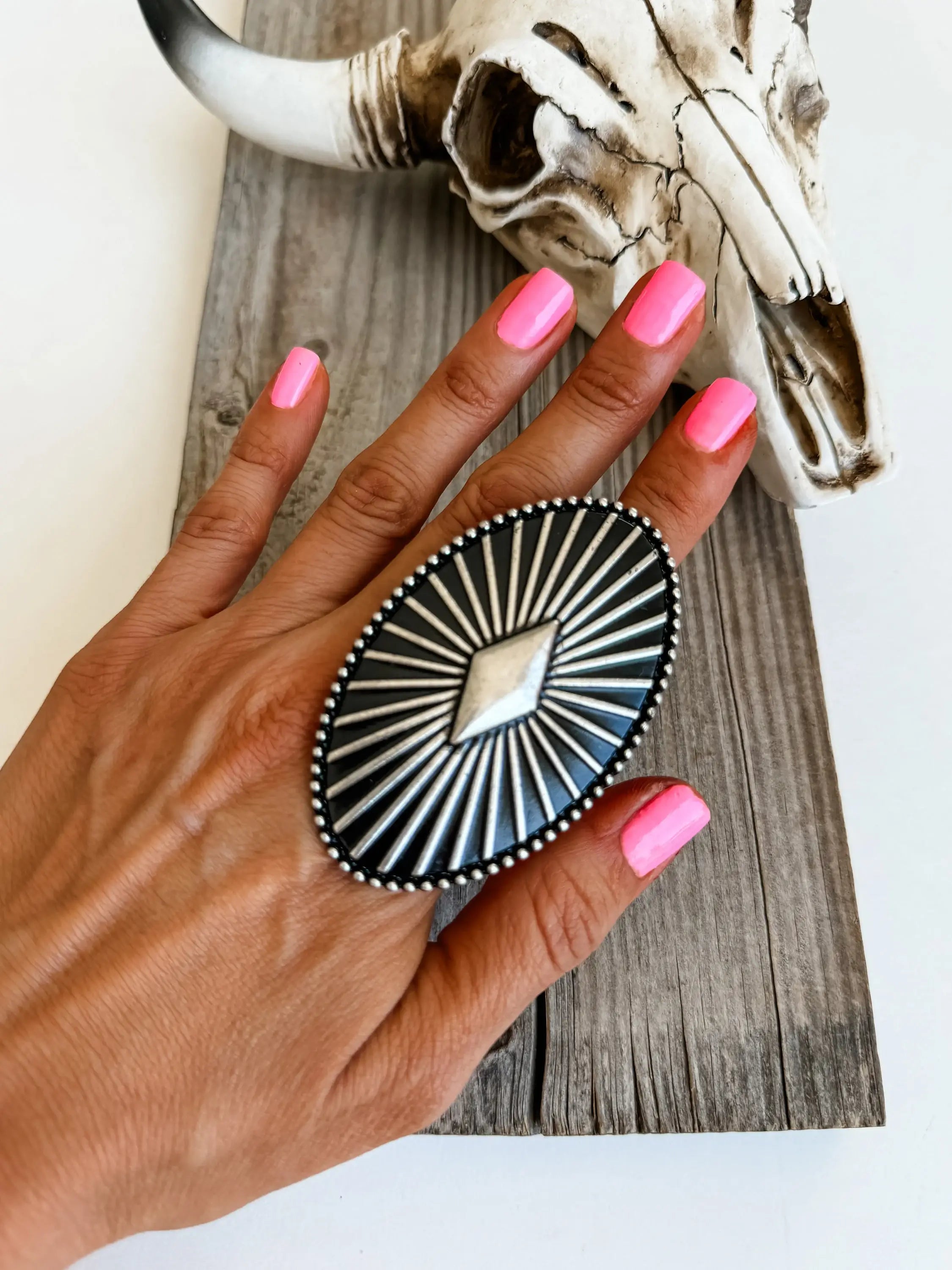Western Large Concho Stone Cuff Ring 