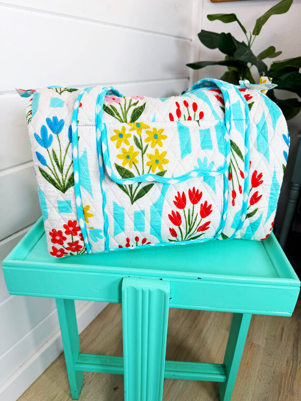 Quilted Mini Duffle Bag | Aqua Garden Party | Overnight Bag