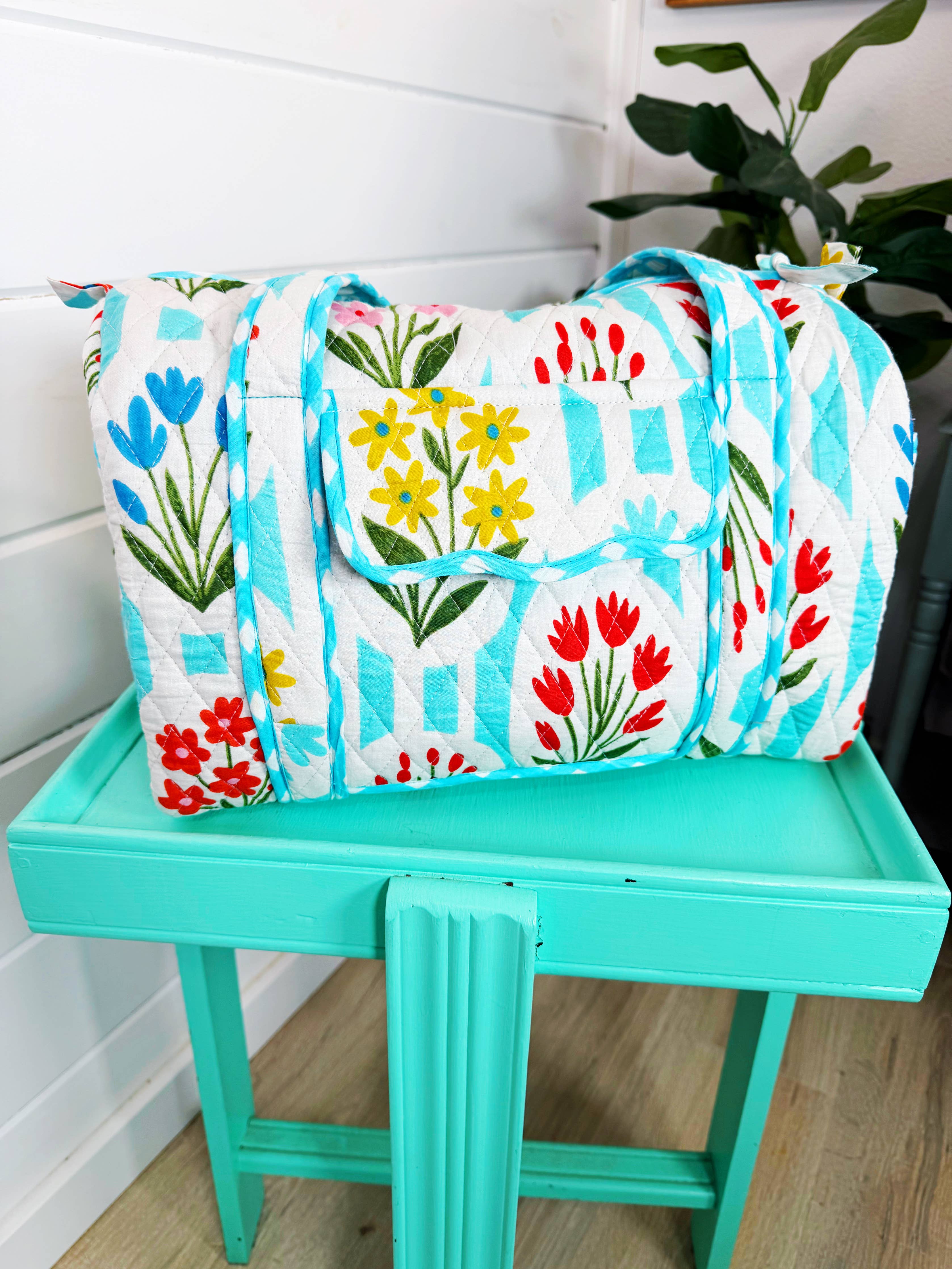 Quilted Mini Duffle Bag | Aqua Garden Party | Overnight Bag