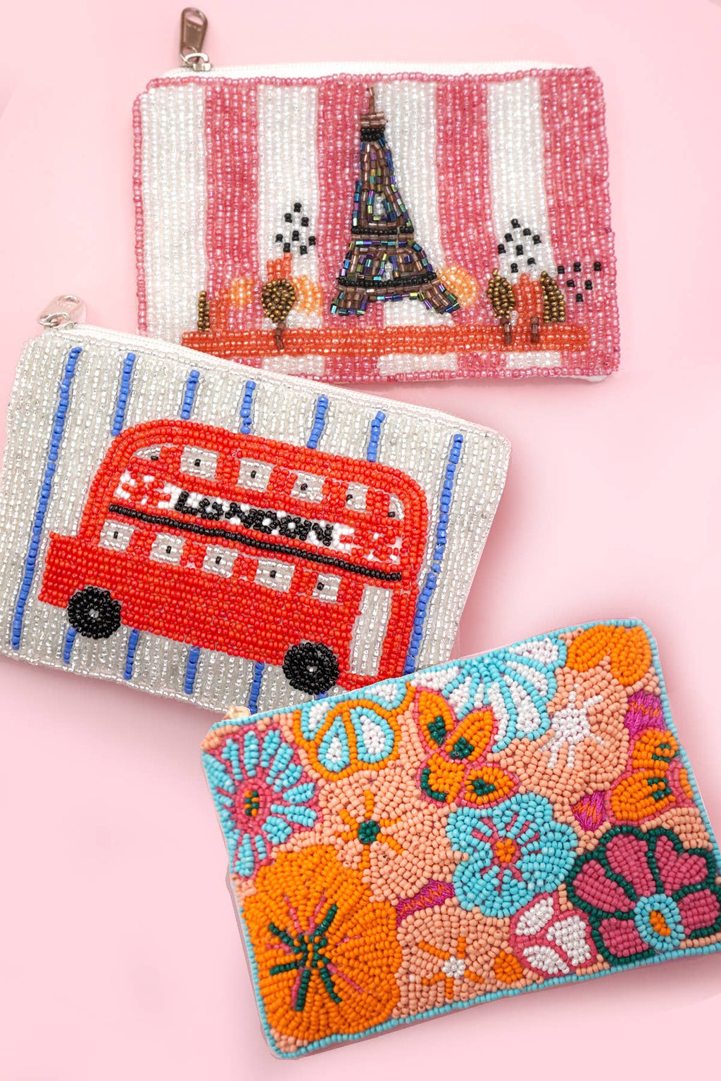 LONDON BUS FLOWER PARIS SEED BEAD COIN POUCH | 91CP1070