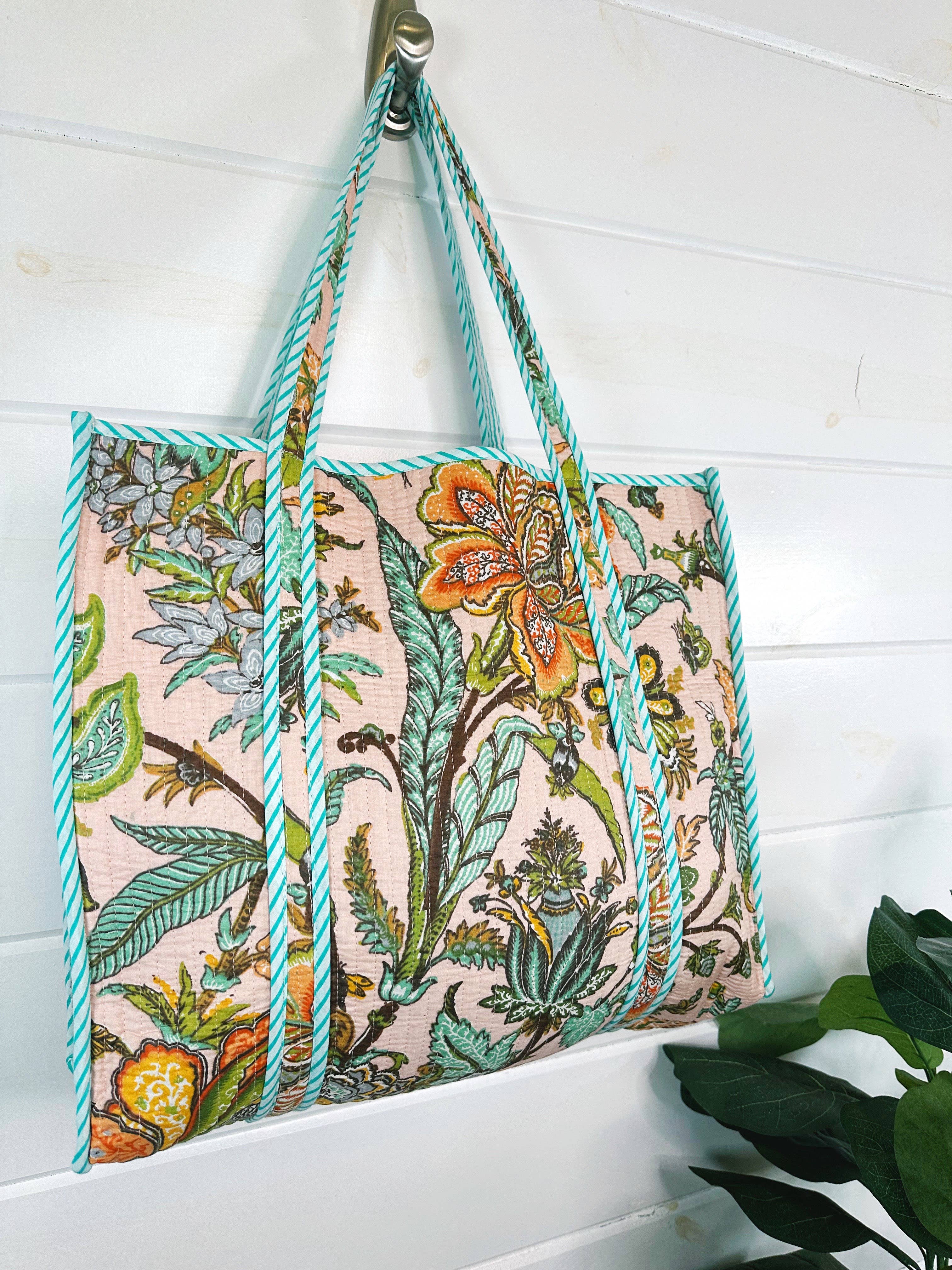 Quilted Tote Bag | Botanical Tote Bag | Large Shopping Tote