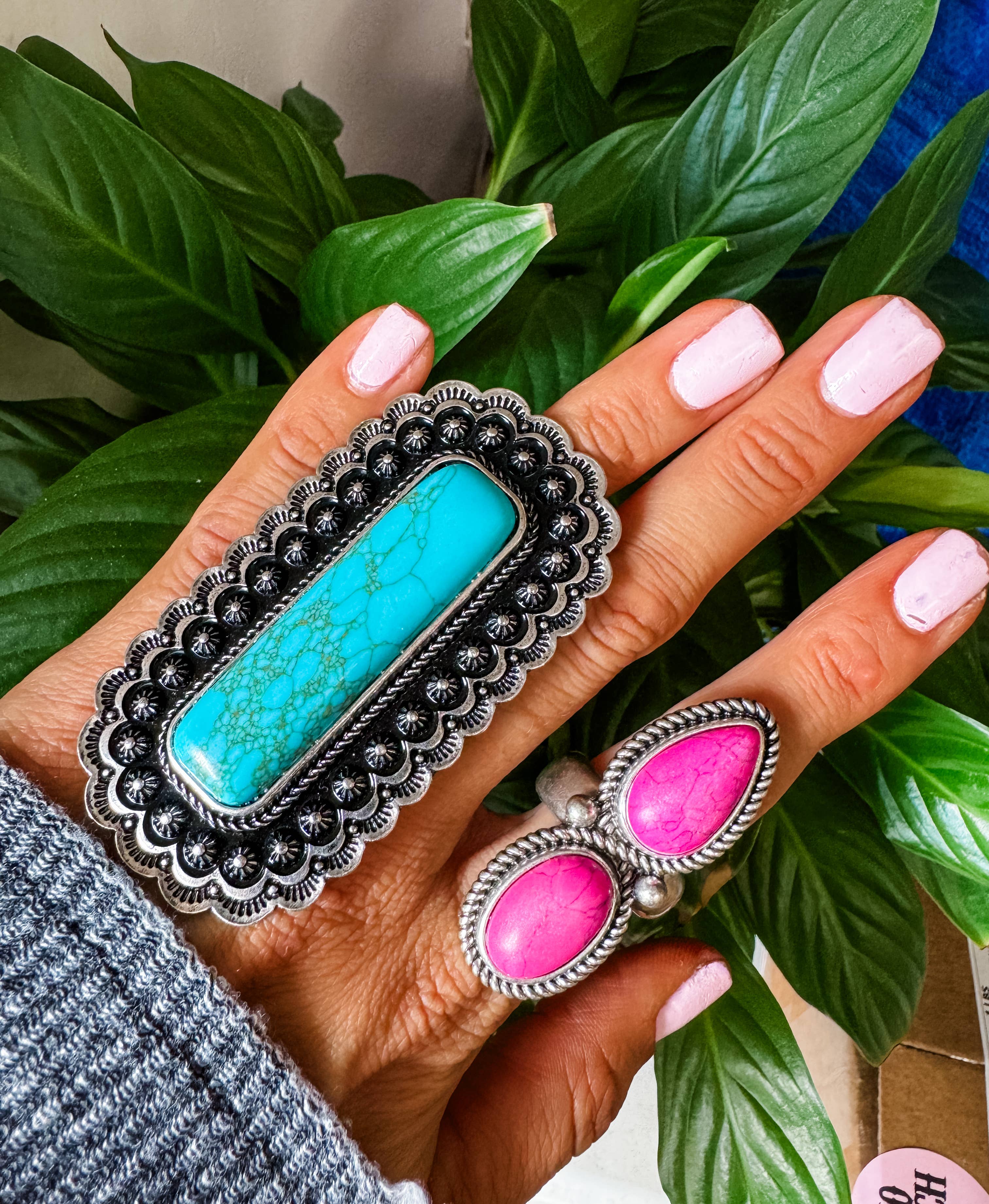 Western Large Concho Stone Cuff Ring 
