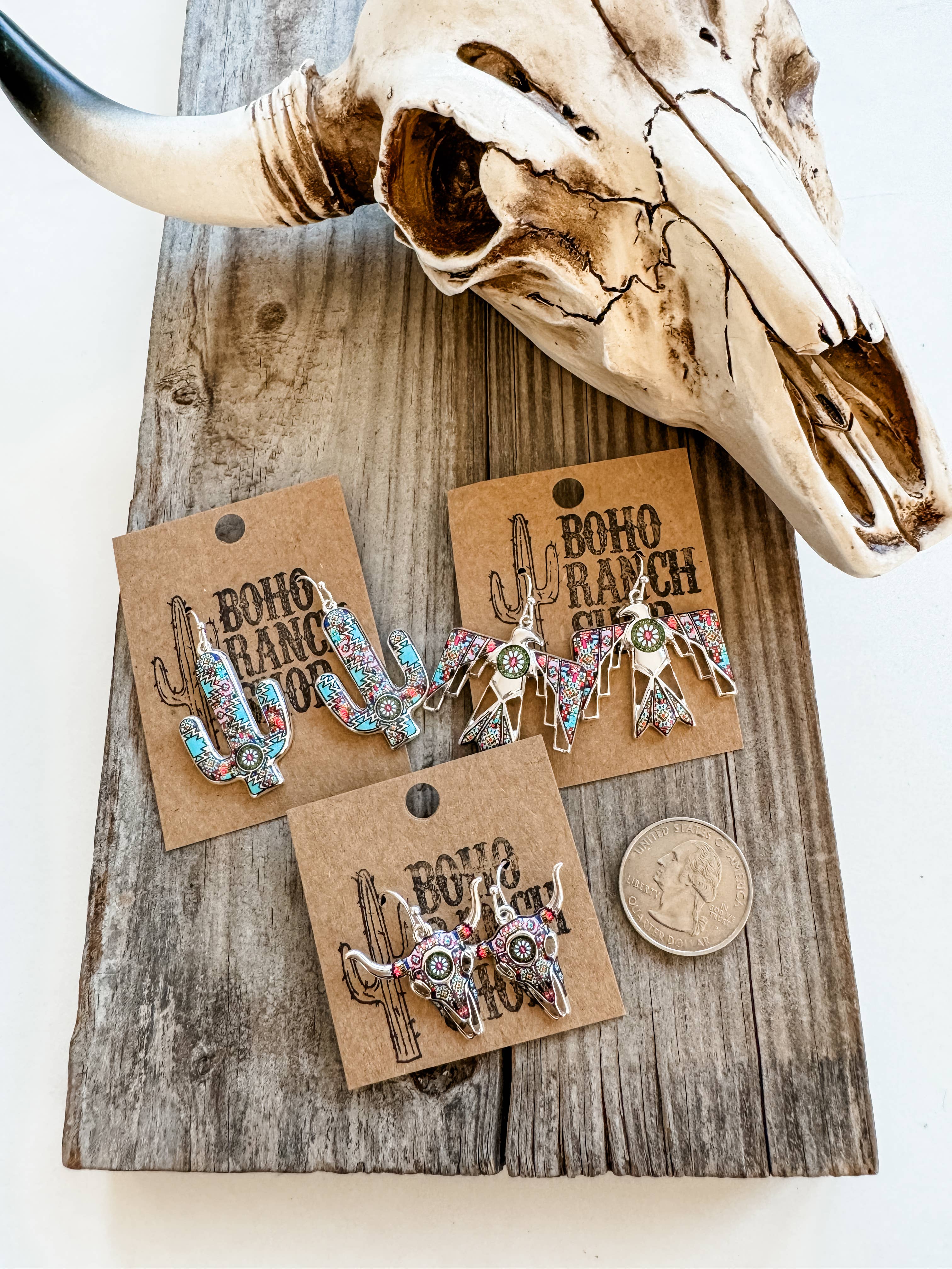 Western Pendant Dangle Earrings Thunderbird | Steer | Cactus