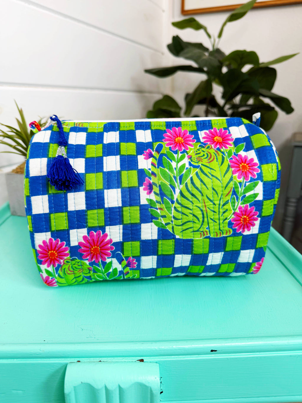 Quilted Makeup Bags | Cosmetics Bag | Blue Checkered Tiger