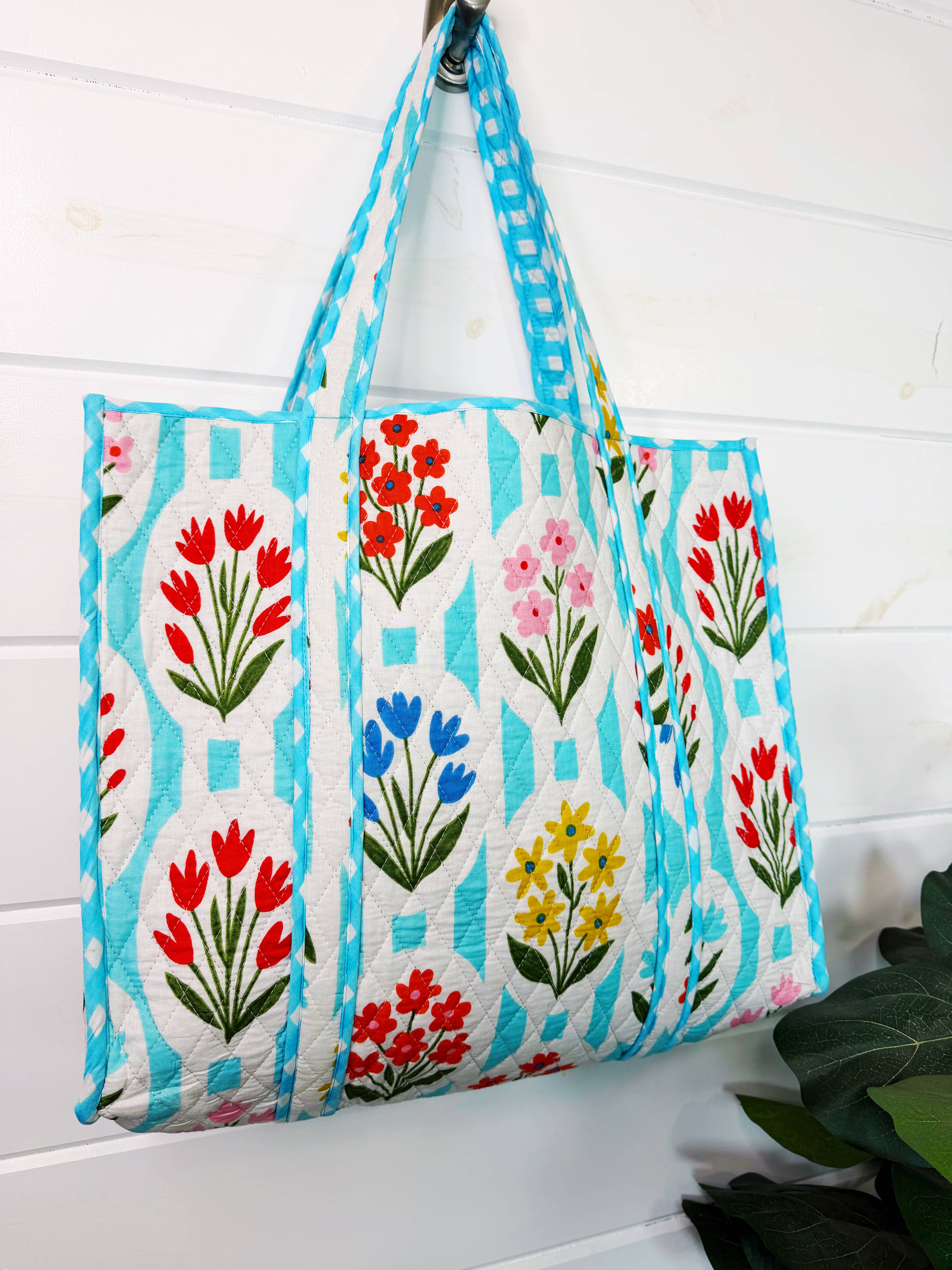 Tote Bags Quilted | Large Travel Tote | Aqua Garden Party