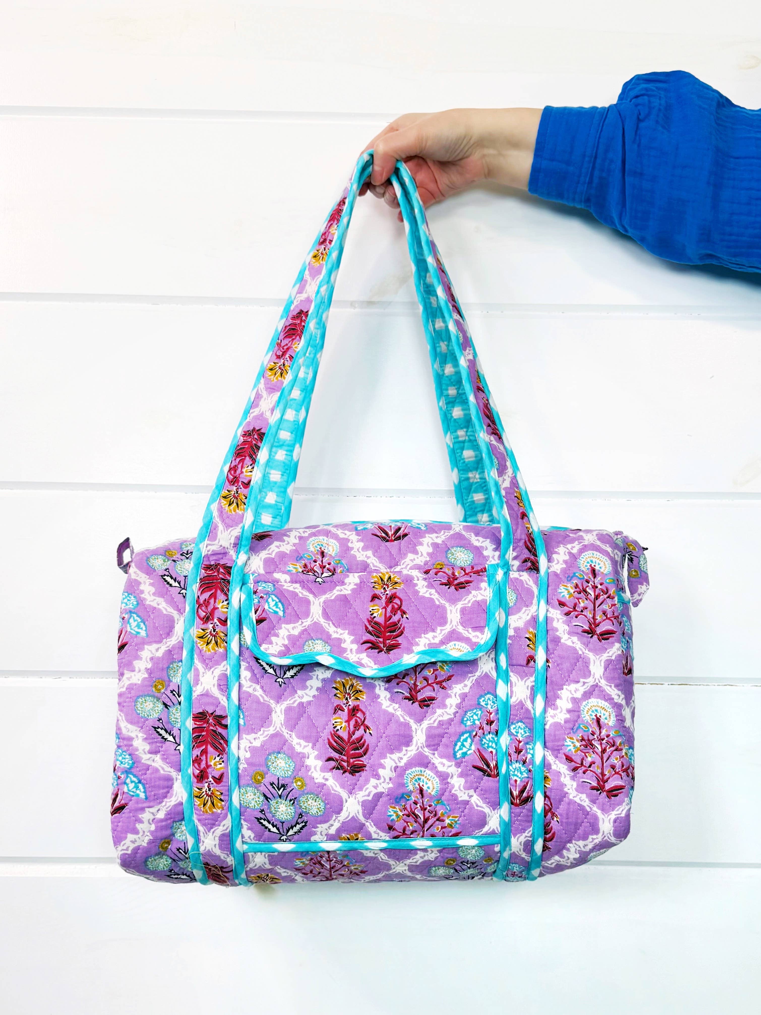 Quilted Mini Duffle Bag | Overnight Bag | Purple Wildflowers