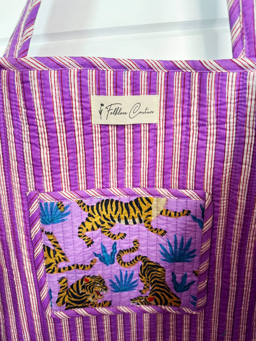 Large Tote Bags | Quilted Tote | Purple Tiger Print