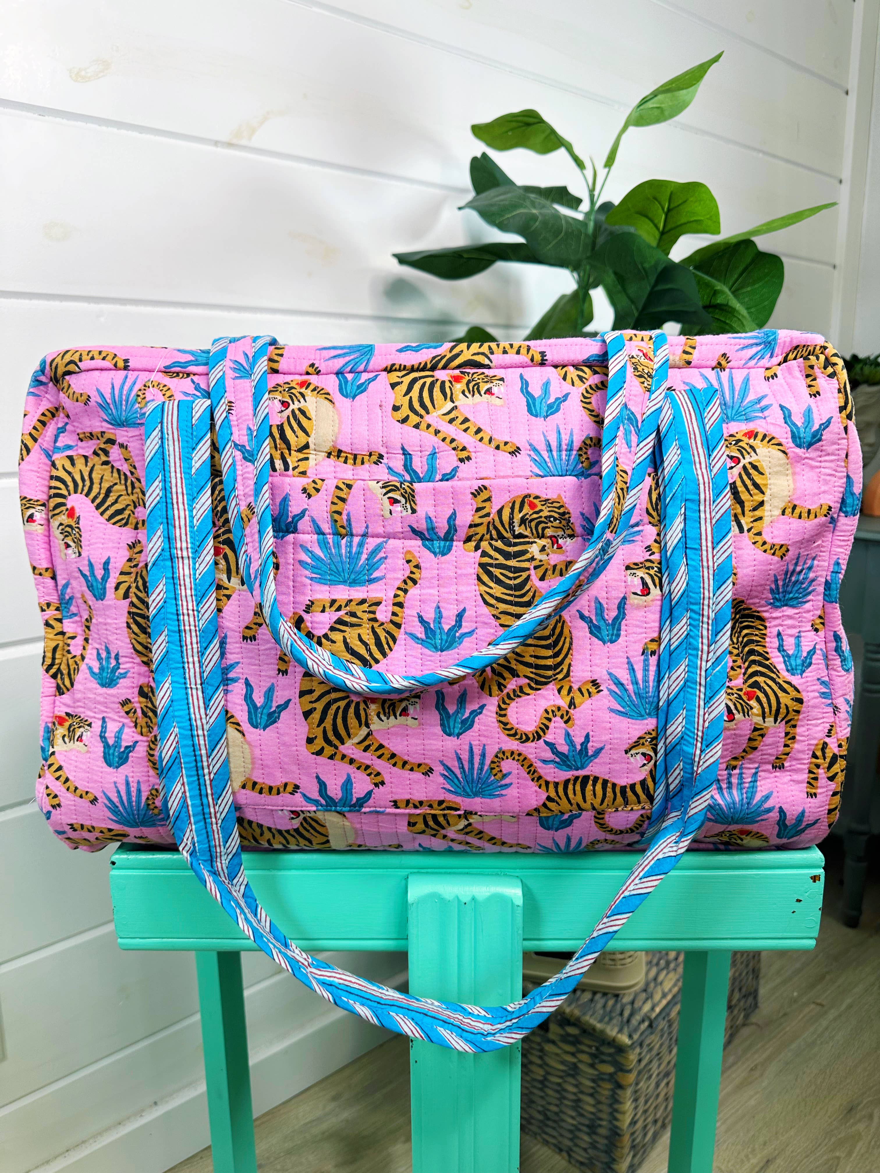 Quilted Overnight Bag | Large Size | Pink Blue Tiger Print