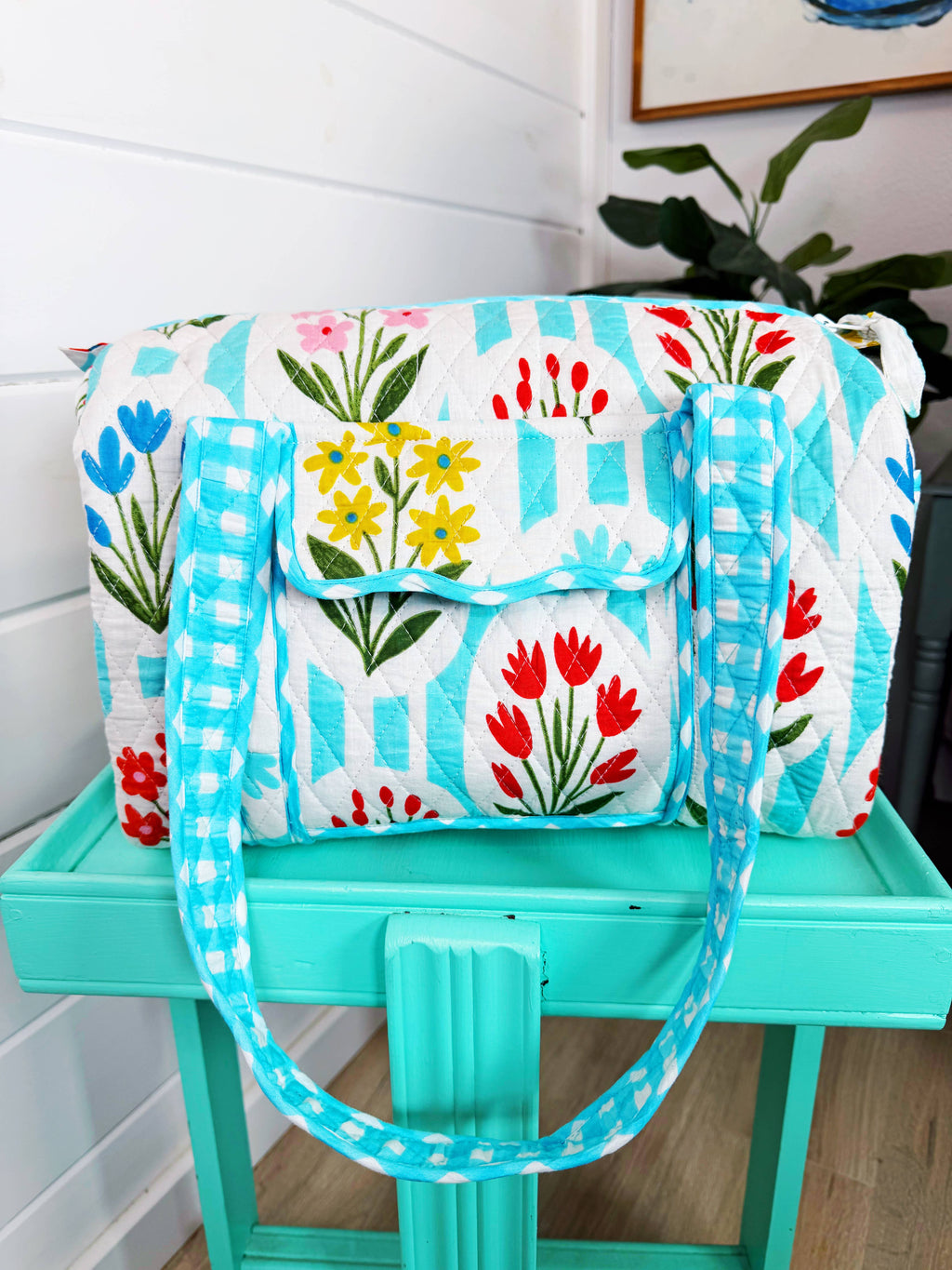Quilted Mini Duffle Bag | Aqua Garden Party | Overnight Bag