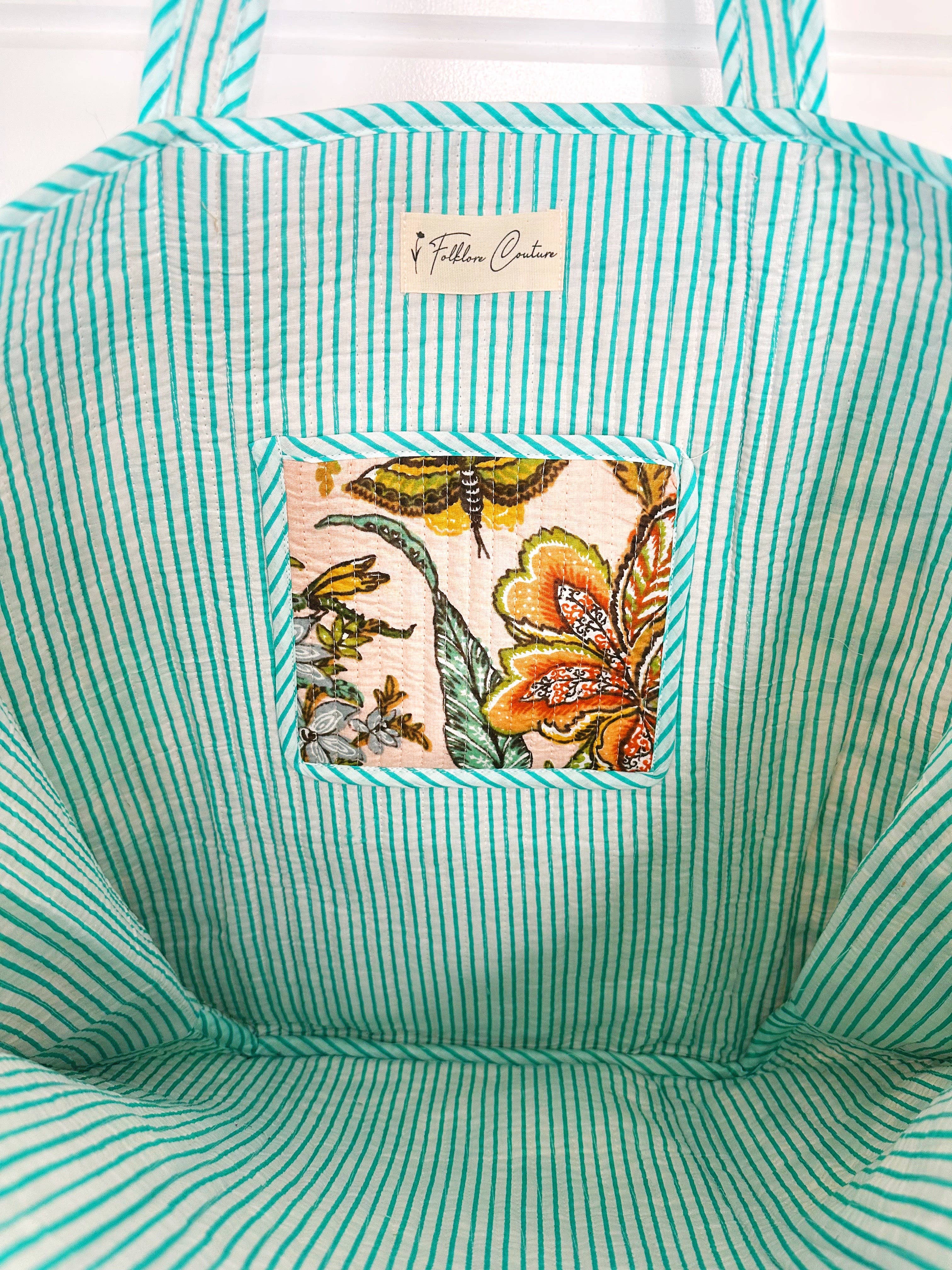 Quilted Tote Bag | Botanical Tote Bag | Large Shopping Tote