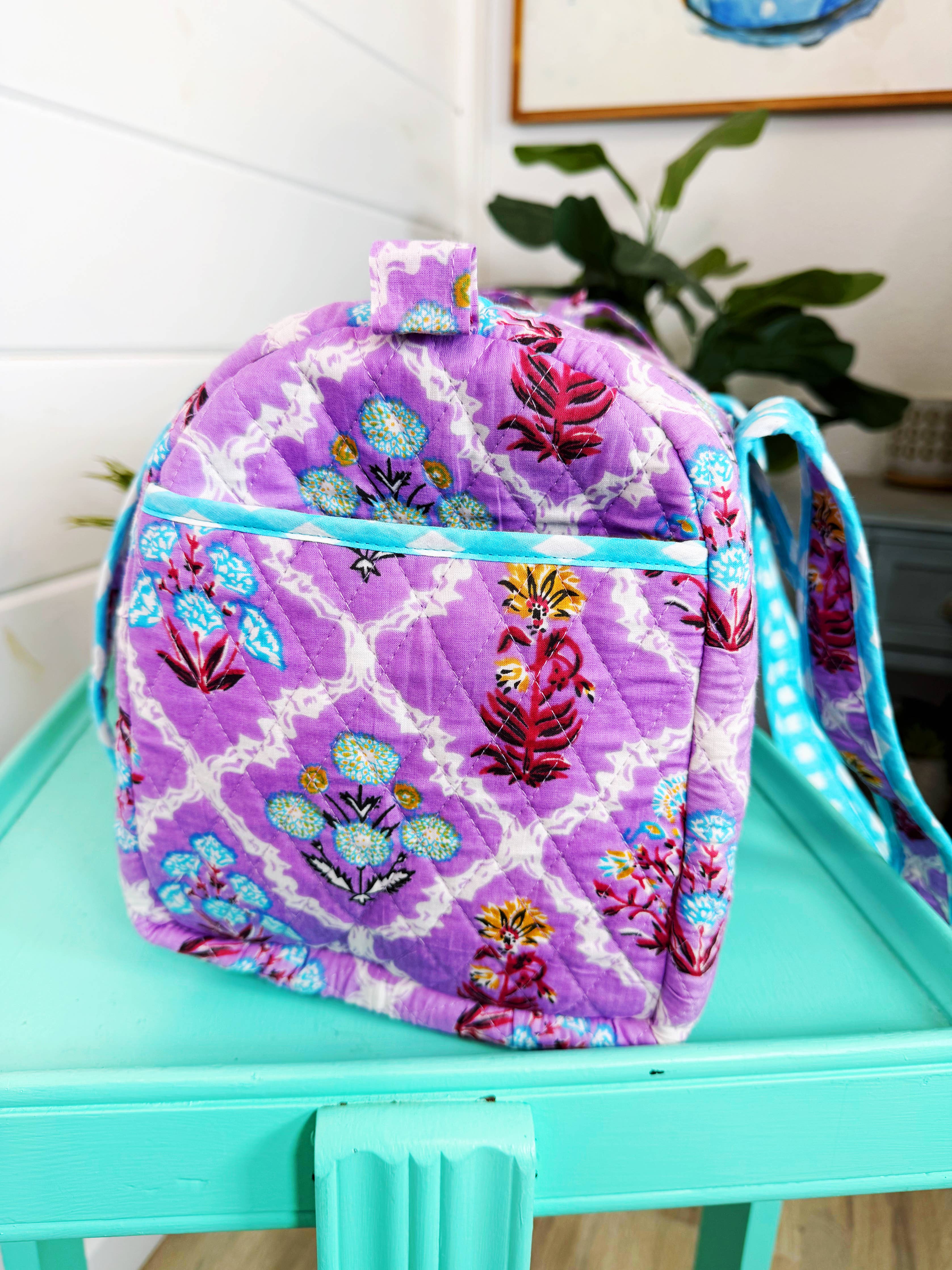 Quilted Mini Duffle Bag | Overnight Bag | Purple Wildflowers