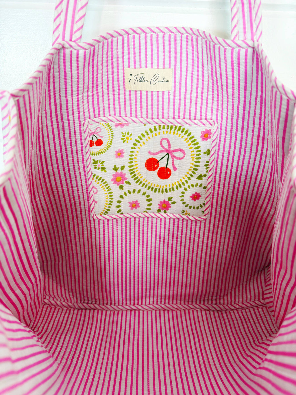 Large Tote Bags | Quilted Travel Tote | White Cherry & Bows