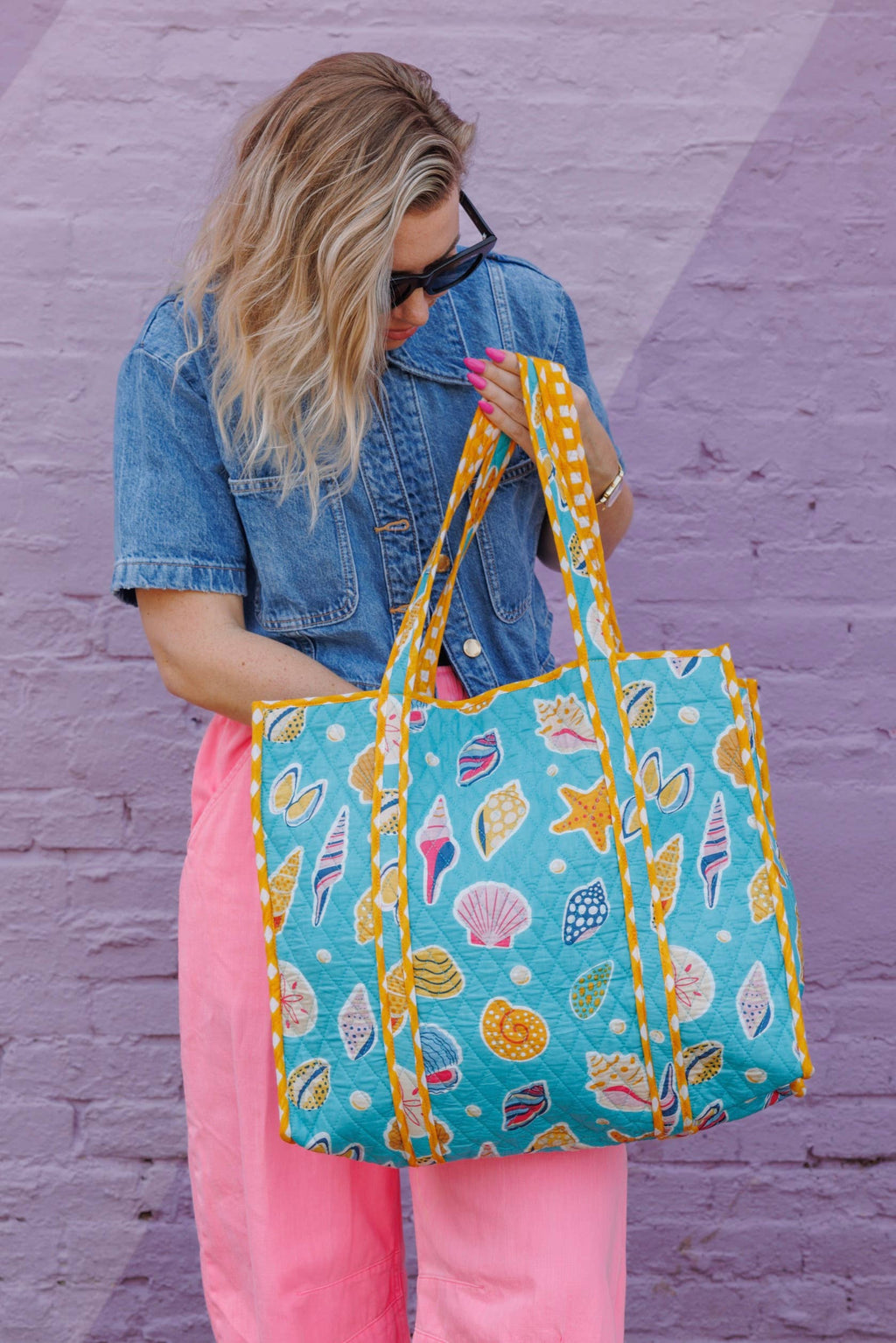 Quilted Tote Bag | Aqua Seashell | Large Shopping Tote Bag