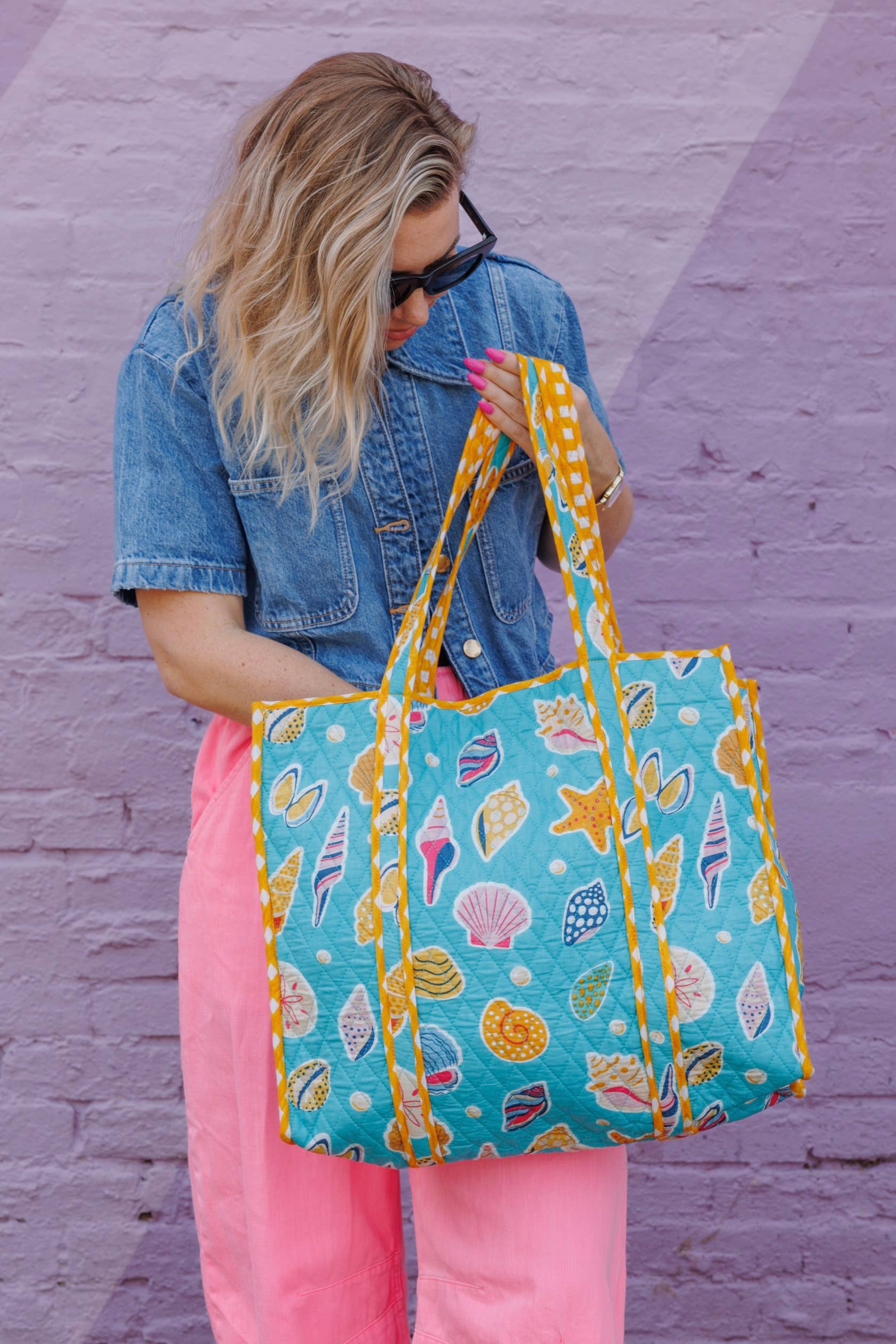 Quilted Tote Bag | Aqua Seashell | Large Shopping Tote Bag