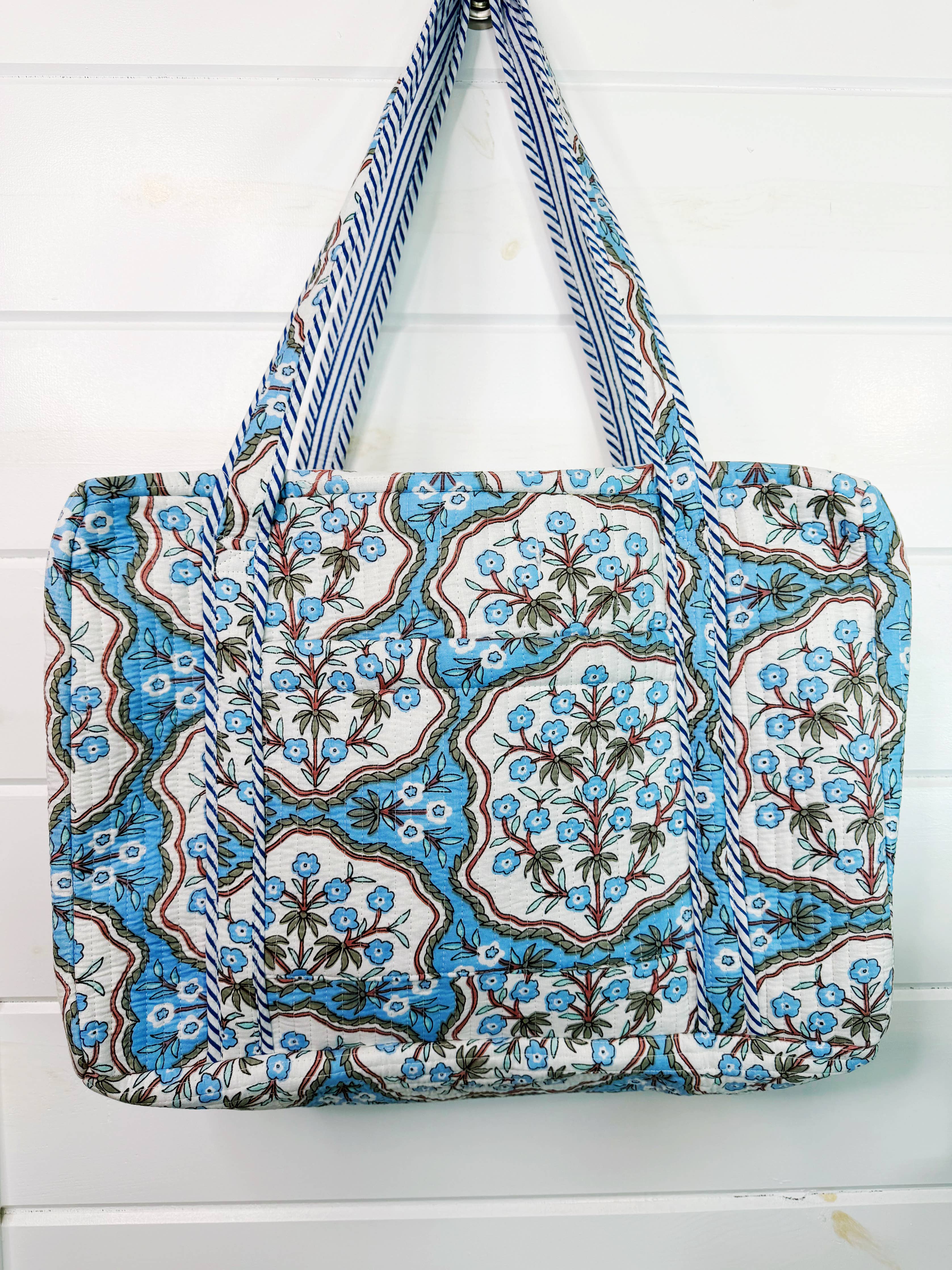 Quilted Weekender Duffle Bag | Blue Petals Floral Print