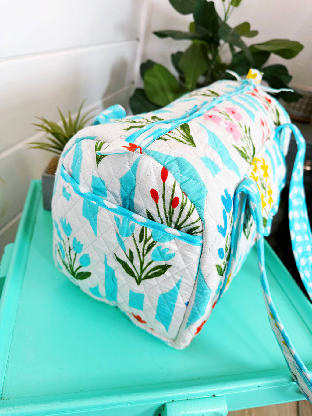 Quilted Mini Duffle Bag | Aqua Garden Party | Overnight Bag