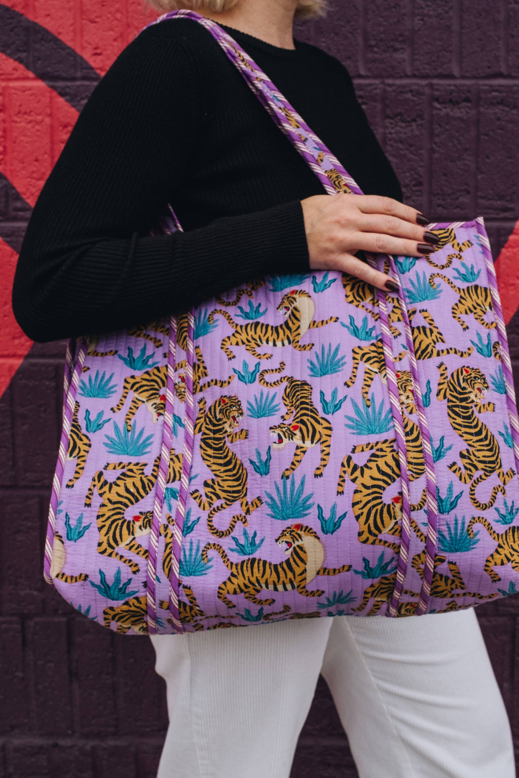 Large Tote Bags | Quilted Tote | Purple Tiger Print