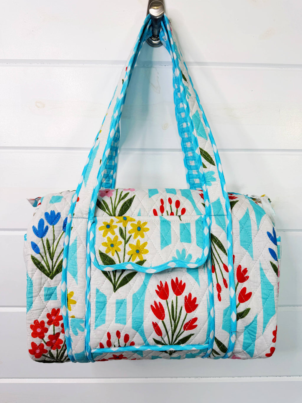 Quilted Mini Duffle Bag | Aqua Garden Party | Overnight Bag
